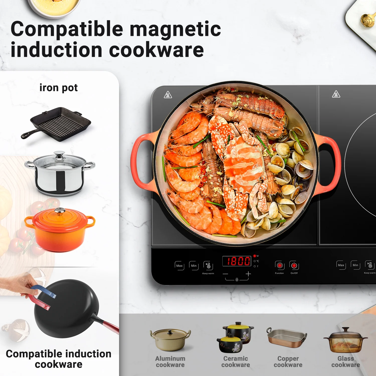 Aobosi Double Induction Cooktop with 2 Burners, 1800W Electric Stove Cooktop with Sensor Touch, 10 Temperature 9 Power Settings - Image 7