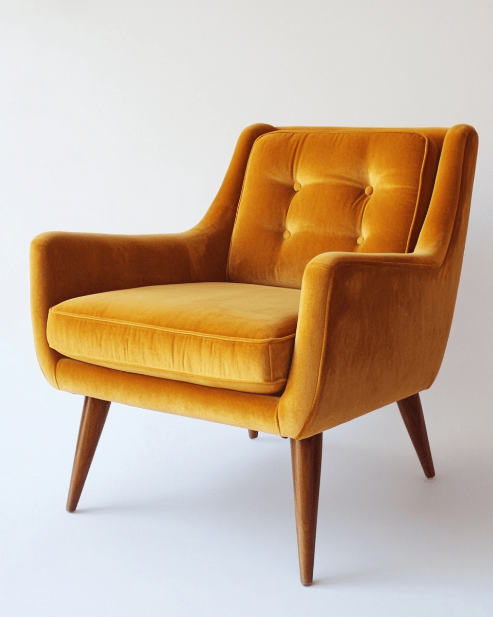 Sillón tapizado en terciopelo – mostaza – con patas de madera estilo mid-century