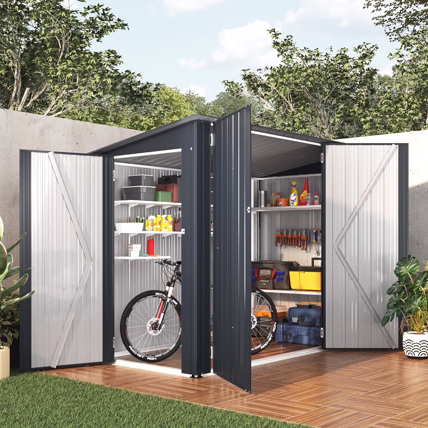 YODOLLA Outdoor Storage Shed, 3 x 7 Ft Bike Sheds & Outdoor Storage, Small Metal Outdoor Storage Cabinet for Garden - Image 3