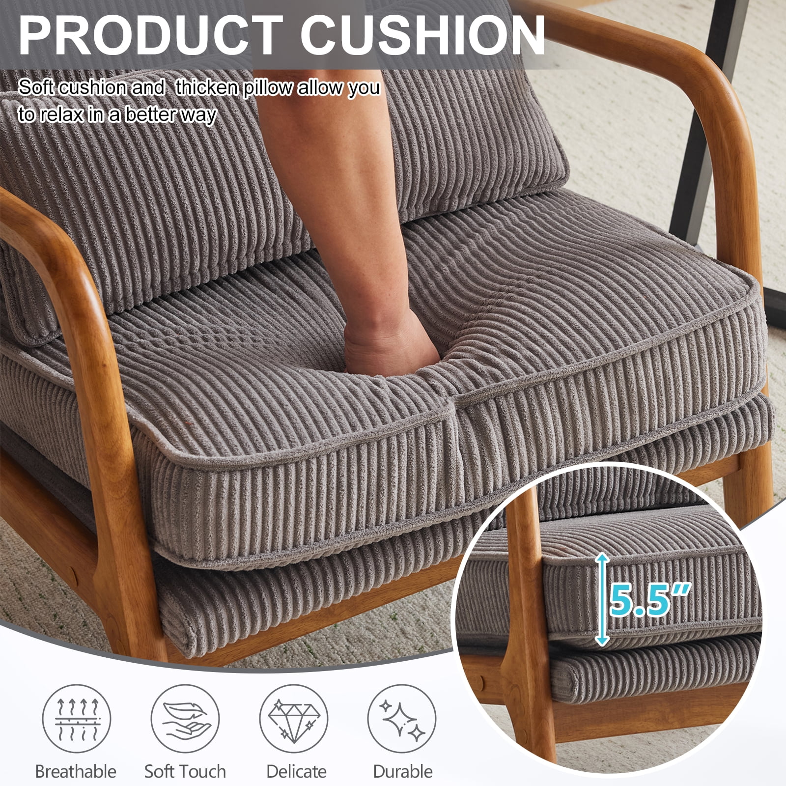 Ktaxon Accent Chair Corduroy Upholstered Armchair, Reading Club Chair with Pillow and Solid Wood Frame for Living Room Bedroom Furniture Off White - Image 71