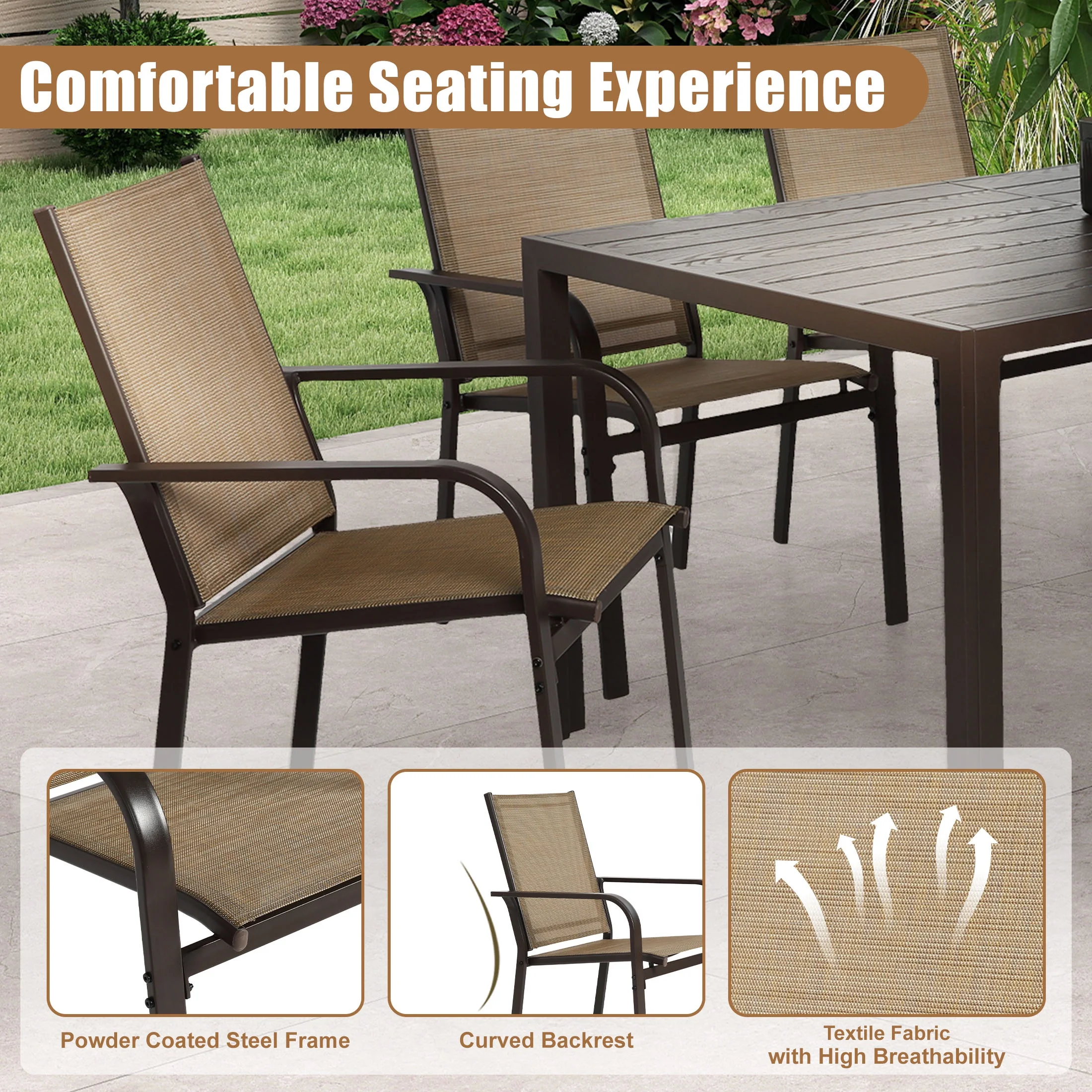 7 Piece Outdoor Dining Set, Patio Dining Table Set for 6 Persons, Garden Patio Textilene Dining Furniture Set with Plastic-Wood Tabletop, Dining Table Chairs Conversation Set for Deck Patio - Image 6
