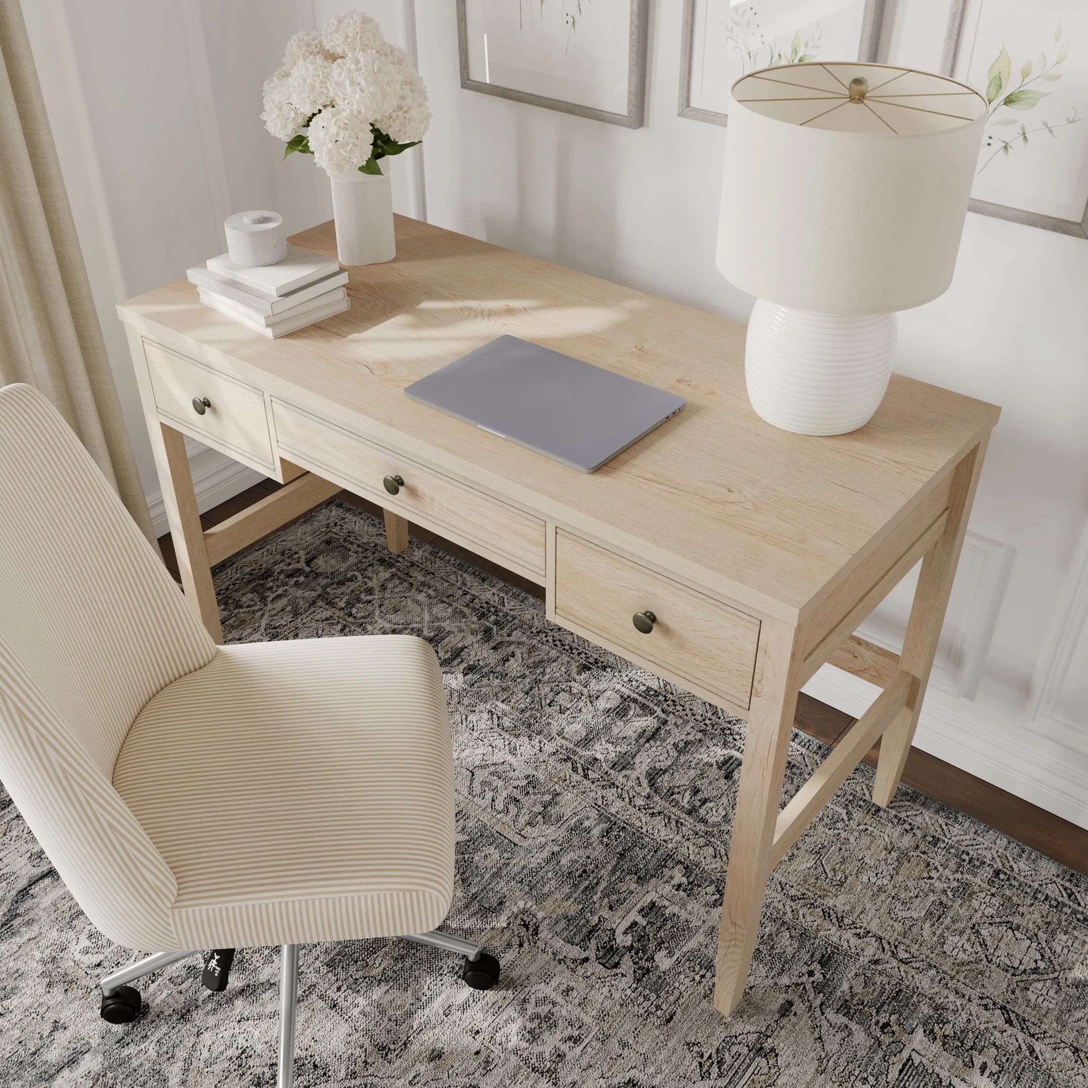 Martha Stewart Home Office Writing Desk with Tapered Legs in Light Natural with Antique Bronze Hardware