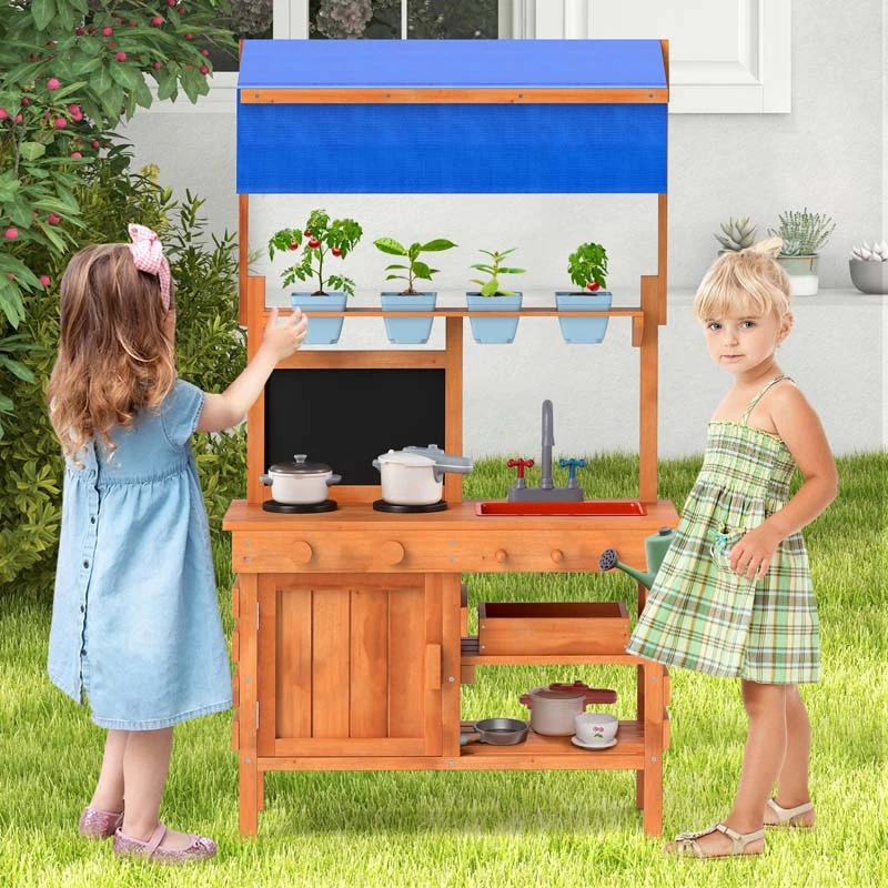 Eletriclife Wooden Pretend Play Kitchen with Height Adjustable Canopy