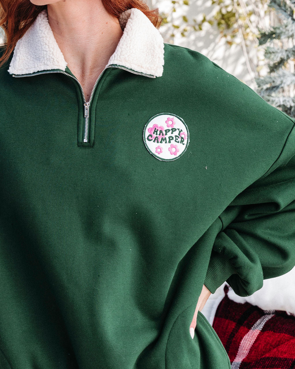 Happy Camper Half Zip Sherpa Trim Pocketed Pullover Sweater - Pine - Se7enfashion