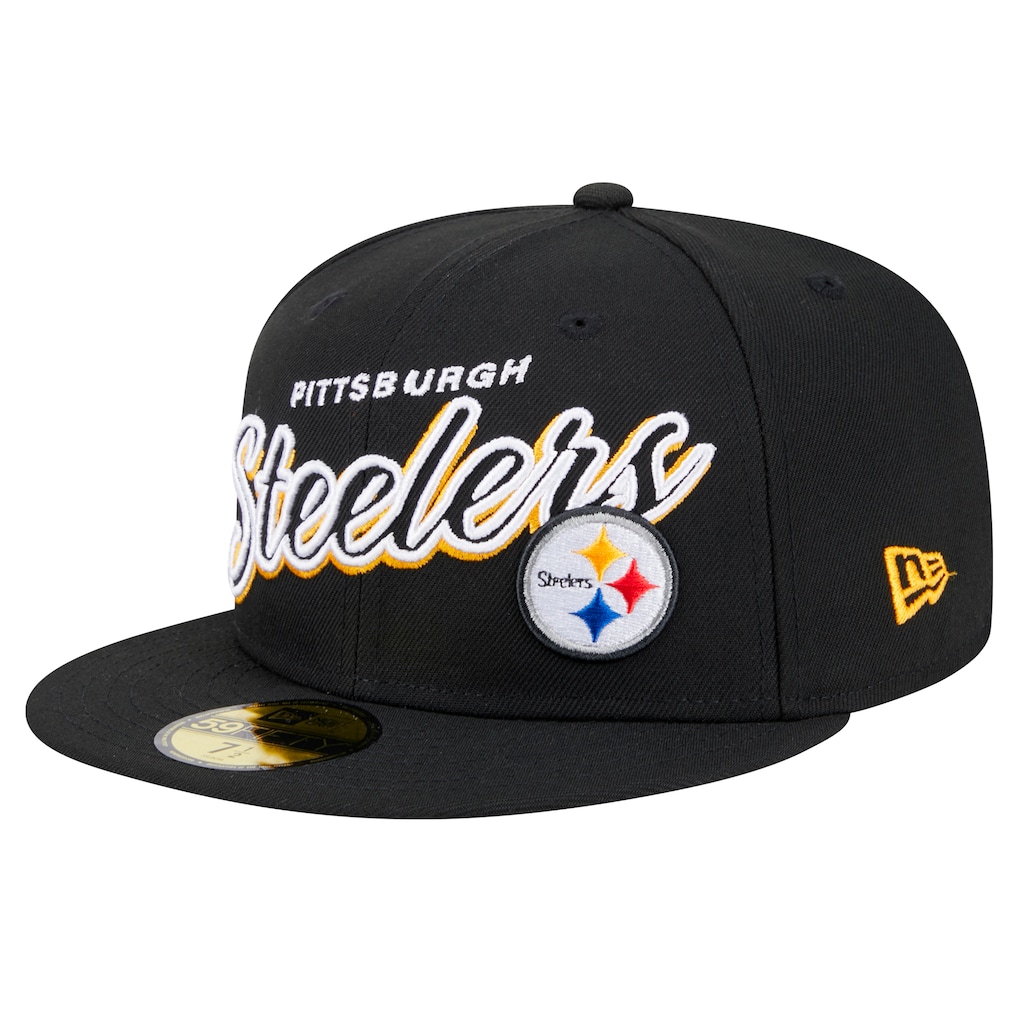 Left angle view of the black Pittsburgh Steelers snapback hat displaying the gold embroidered New Era flag logo