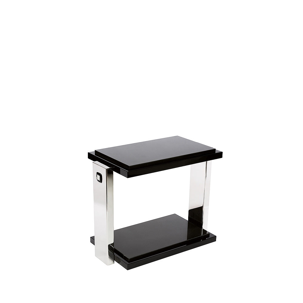 TABLE D'APPOINT MASQUE DE FEMME - CRISTAL INCOLORE, LAQUÉ NOIR ET ACIER POLI AVEC PLATEAU EN GRANITE NOIR