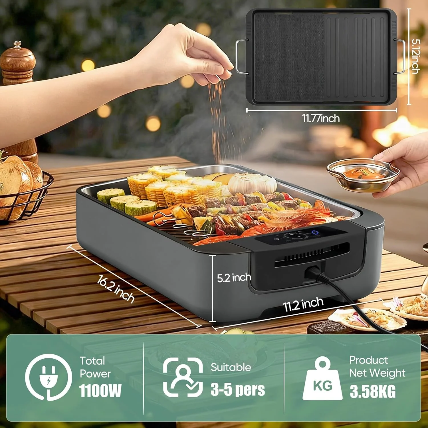 Smokeless Indoor Grill, Electric Indoor Grill for Korean BBQ with Dual-Turbo Smoke Extractor, LED Smart Display & Dual-Zone Nonstick Grill Plates, 6-Level Temp Control, Dishwasher Safe
