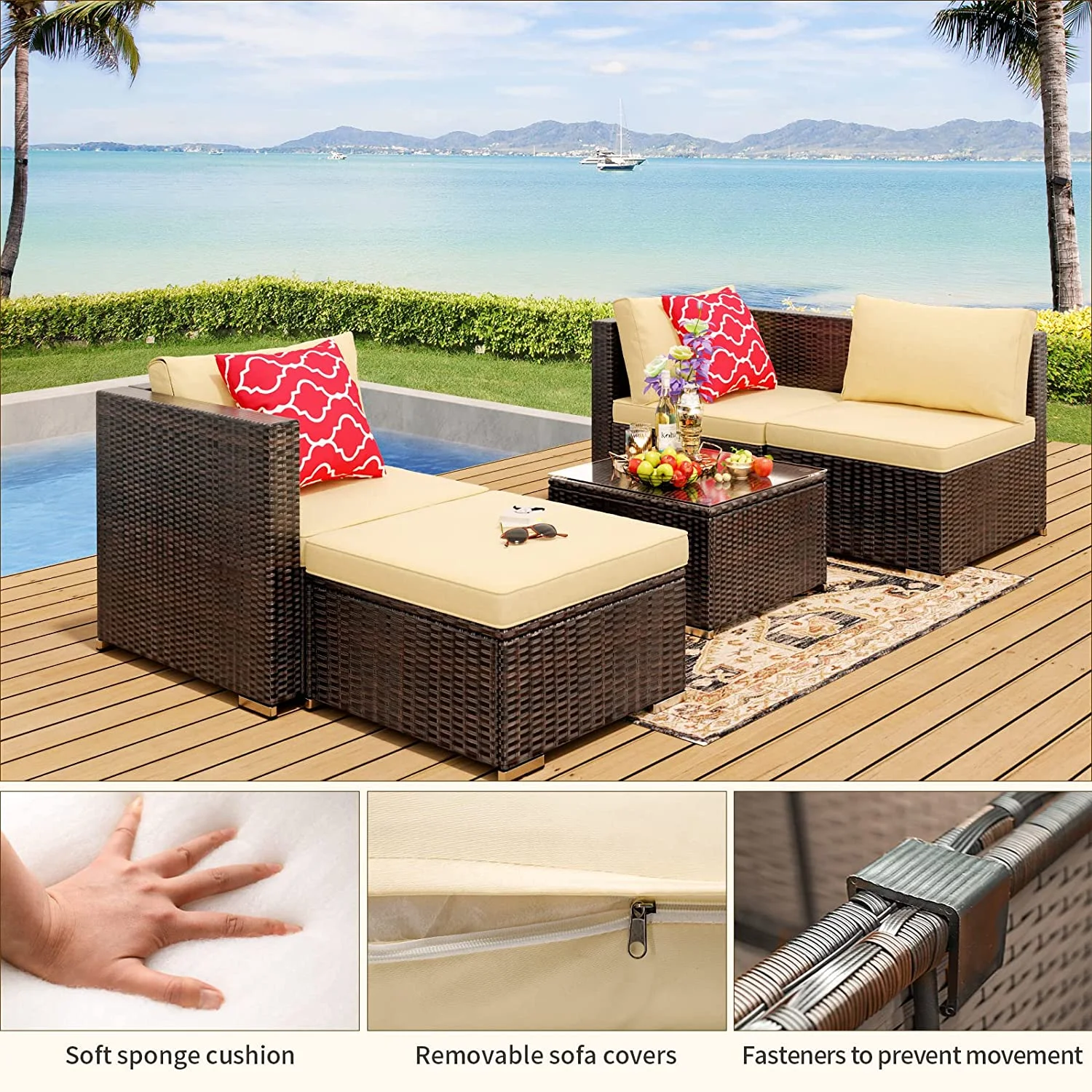 Aiho 7-Piece Rattan Patio Furniture Set , Outdoor Sectional Furniture Set for Patio, Garden, Backyard, Grey - Image 29