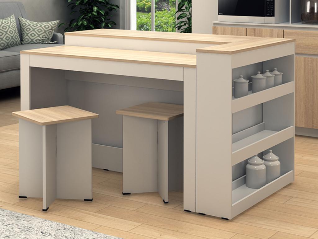 Conjunto de isla central de cocina + 2 taburetes - Blanco y Natural claro - NUSICE