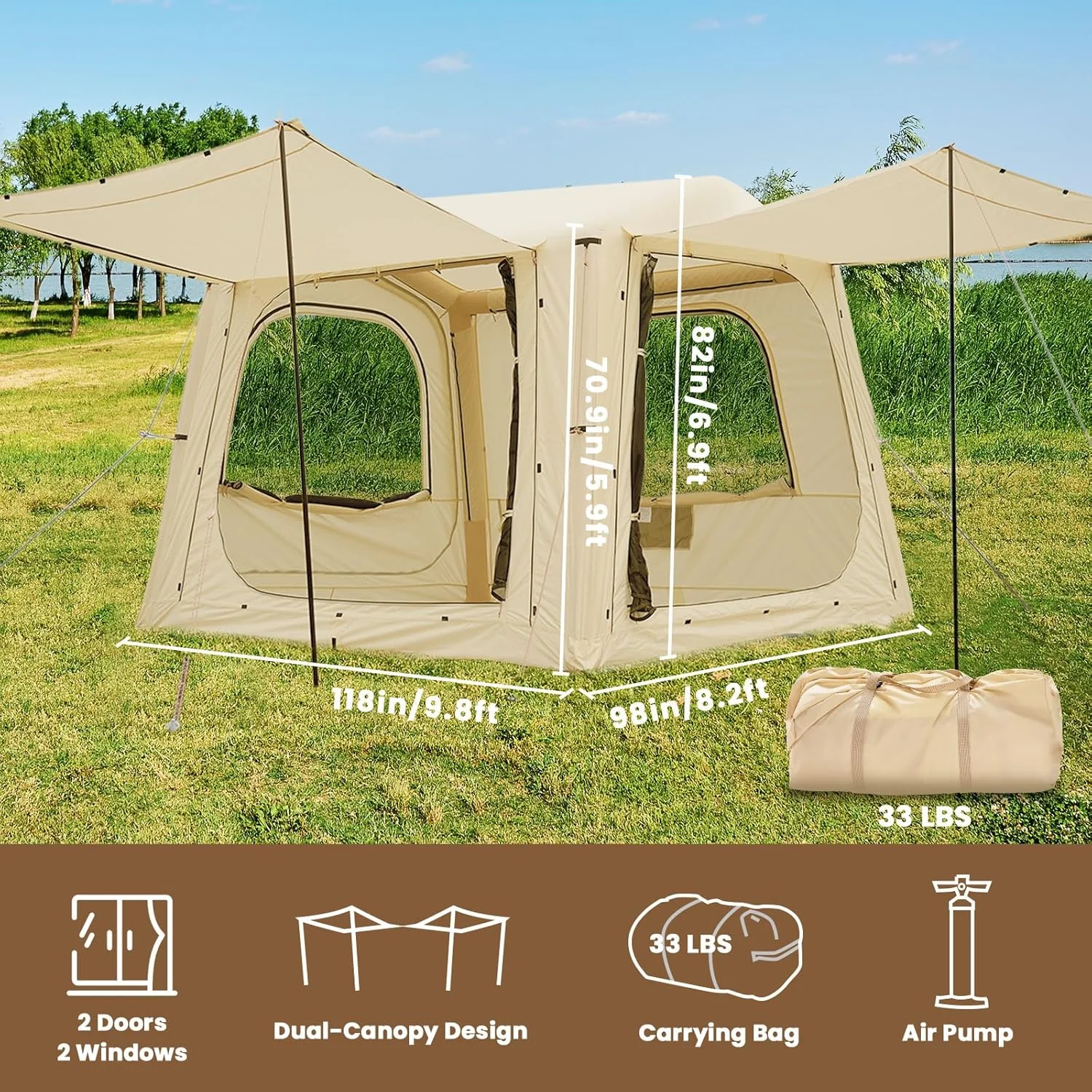 Lilypelle 4-6 Person Blow Up Inflatable Tent with Stove Jack, Hot Tent for Camping with Hand Pump, Waterproof Inflatable Camp Tent with Mesh Windows, Easy Setup Glamping Inflatable House - Image 37
