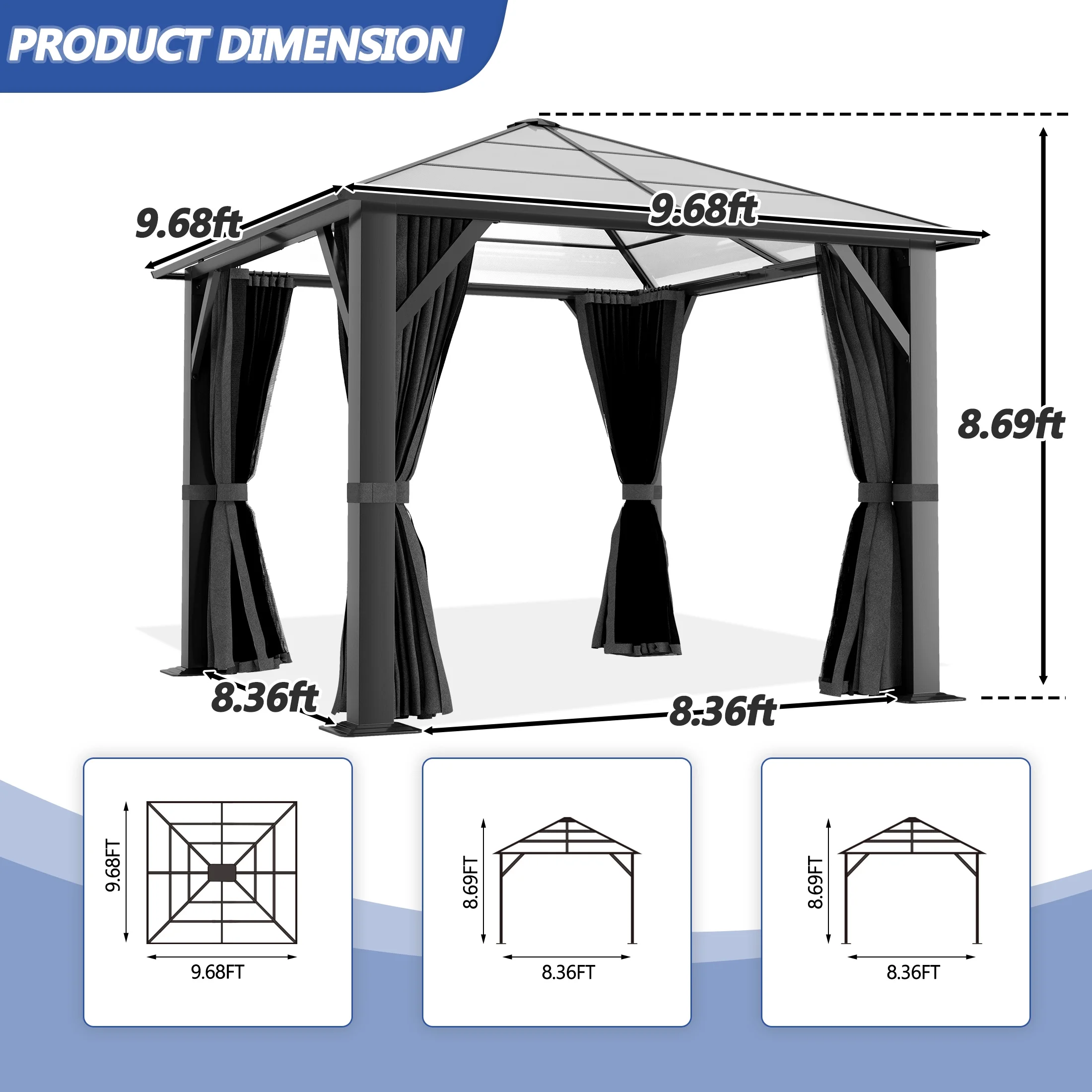 GARTOO 10' x 10' Hardtop Gazebo, Outdoor Polycarbonate Roof Gazebo with Steel Frame, Permanent Pavilion with Netting& Curtains - Image 4