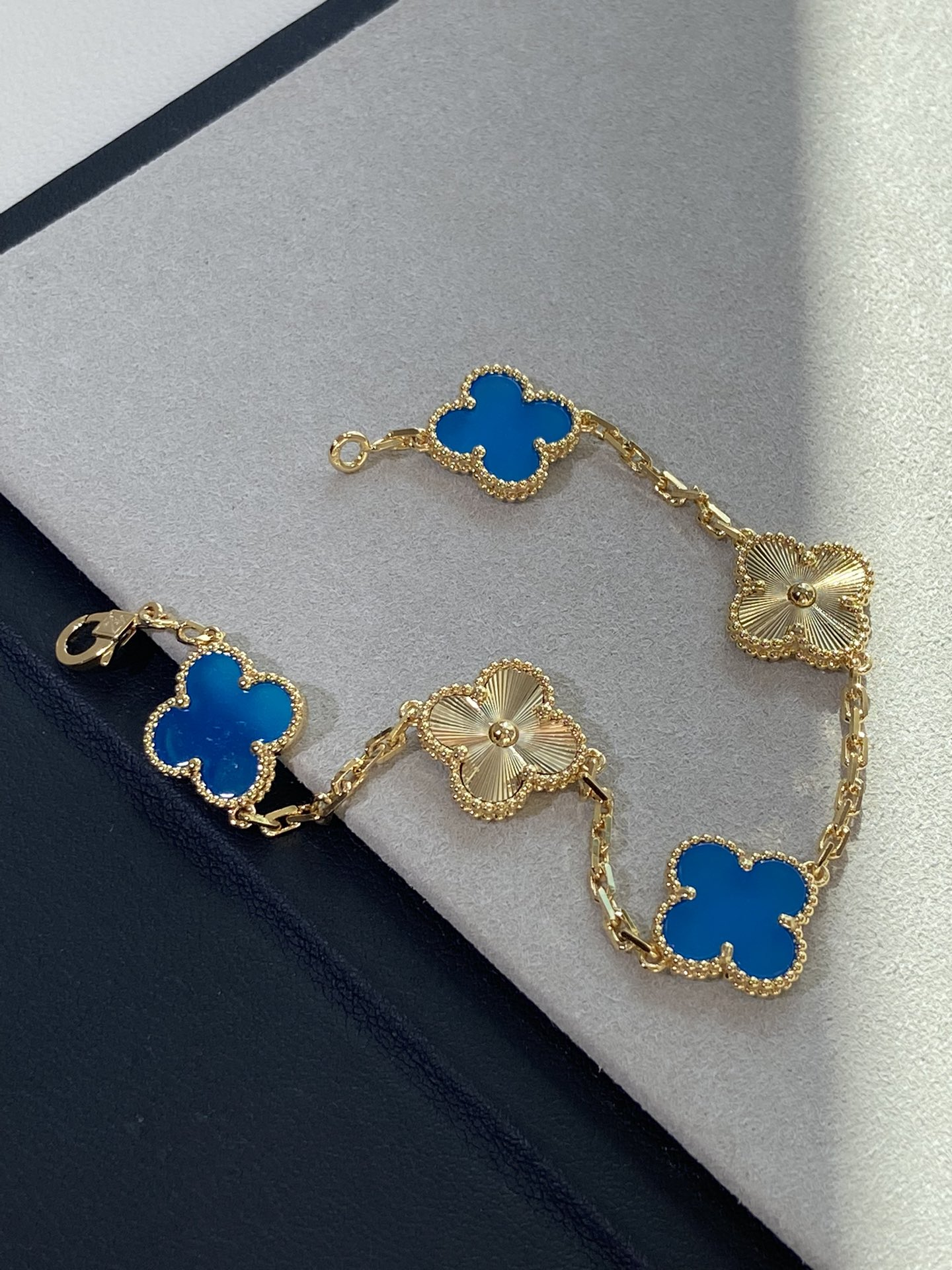 VCA Blue Agate and Gold Guilloche Clover Vintage Alhambra Bracelet 5 Motifs - Original Replica Club