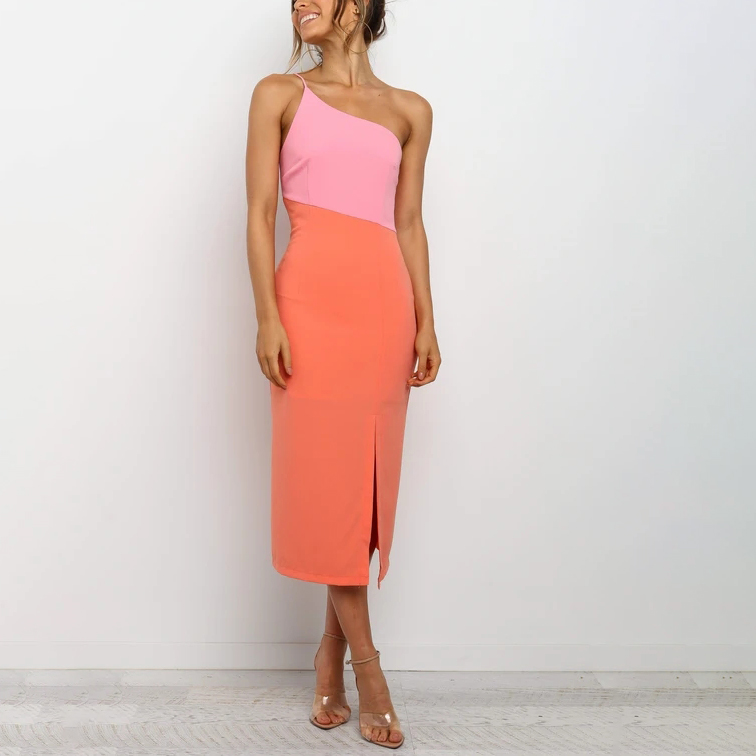 Ladies Sling One-shoulder Contrast Color Sexy Dress
