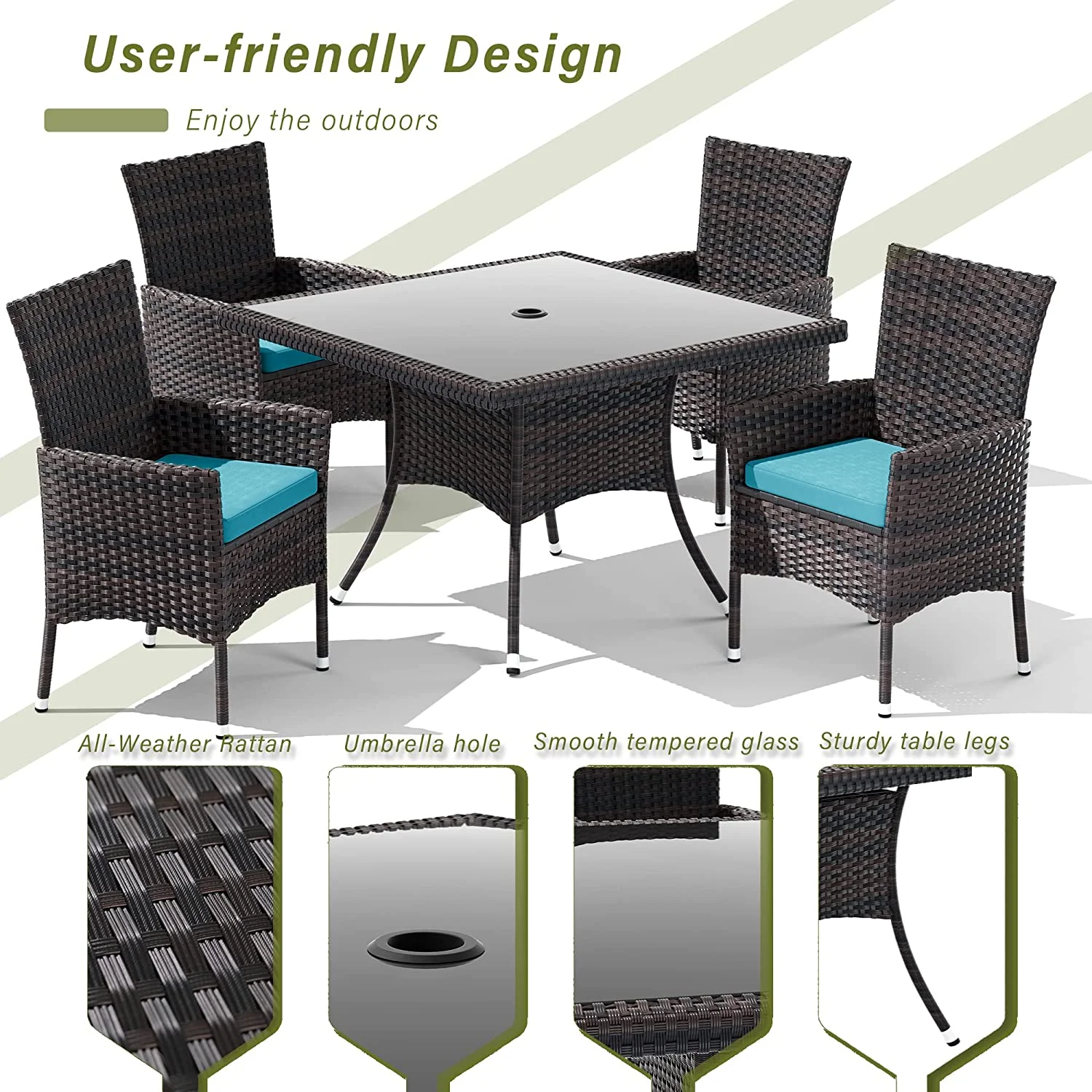 ALAULM 5 Pieces Patio Dining Set Outdoor Rattan Furniture with Square Glass Tabletop 4 Chairs with Cushions for Patio, Backyard Outdoor Kitchen Lawn & Garden Blue - Image 8