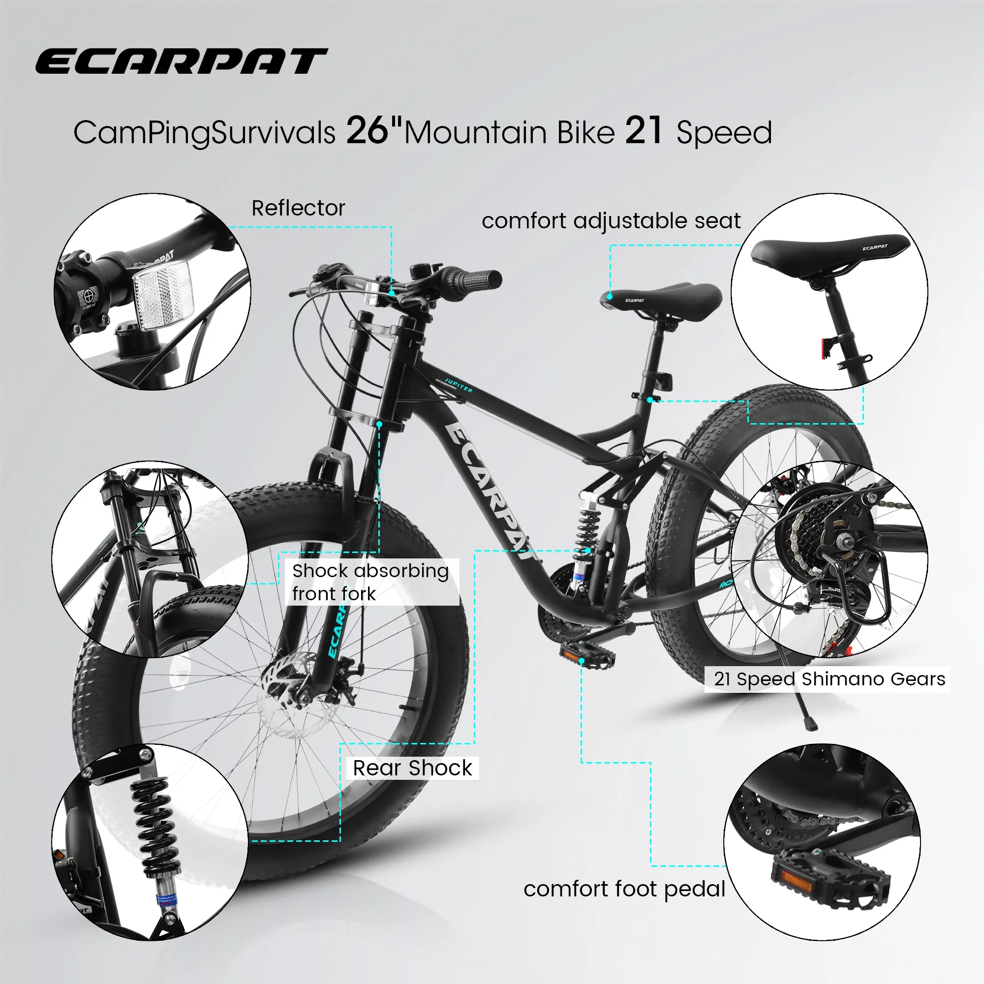 Ambifirner 26" Fat Tire Mountain Bike with Full Suspension - 4" Wide All-Terrain Tires & Shimano 21-Speed Drivetrain - Outdoor Bike for Men/Women 85% Pre-Assembled Durable Design - Image 6