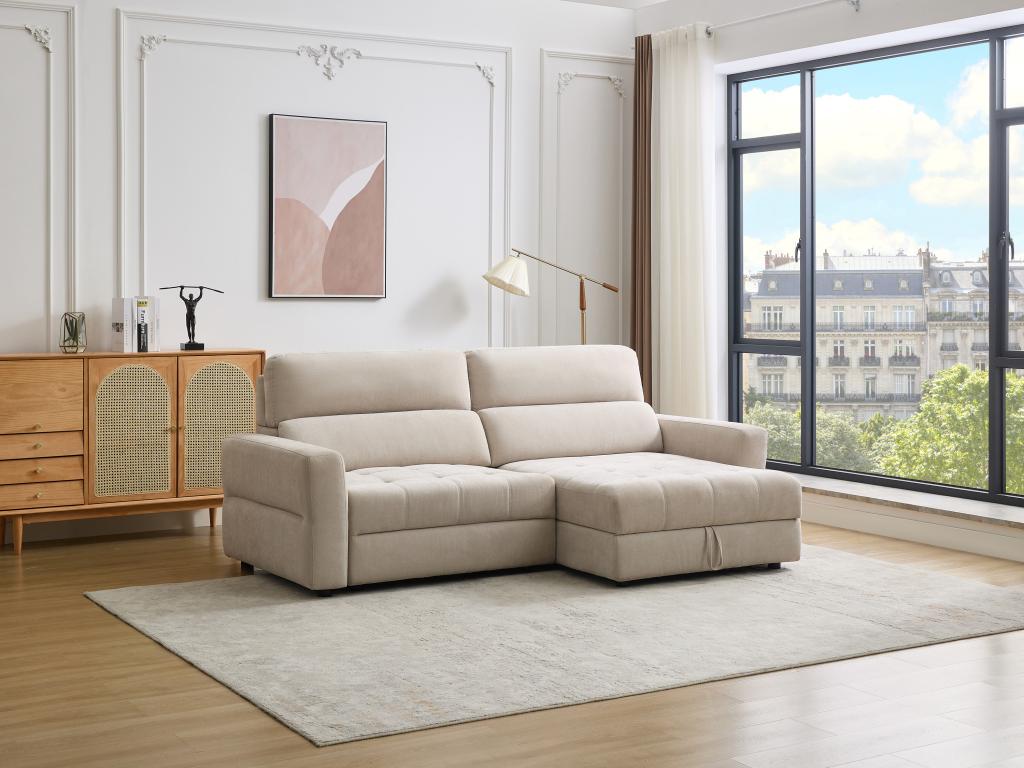 Sofá rinconera derecho eléctrico con asiento deslizante de tela beige OLMERIO