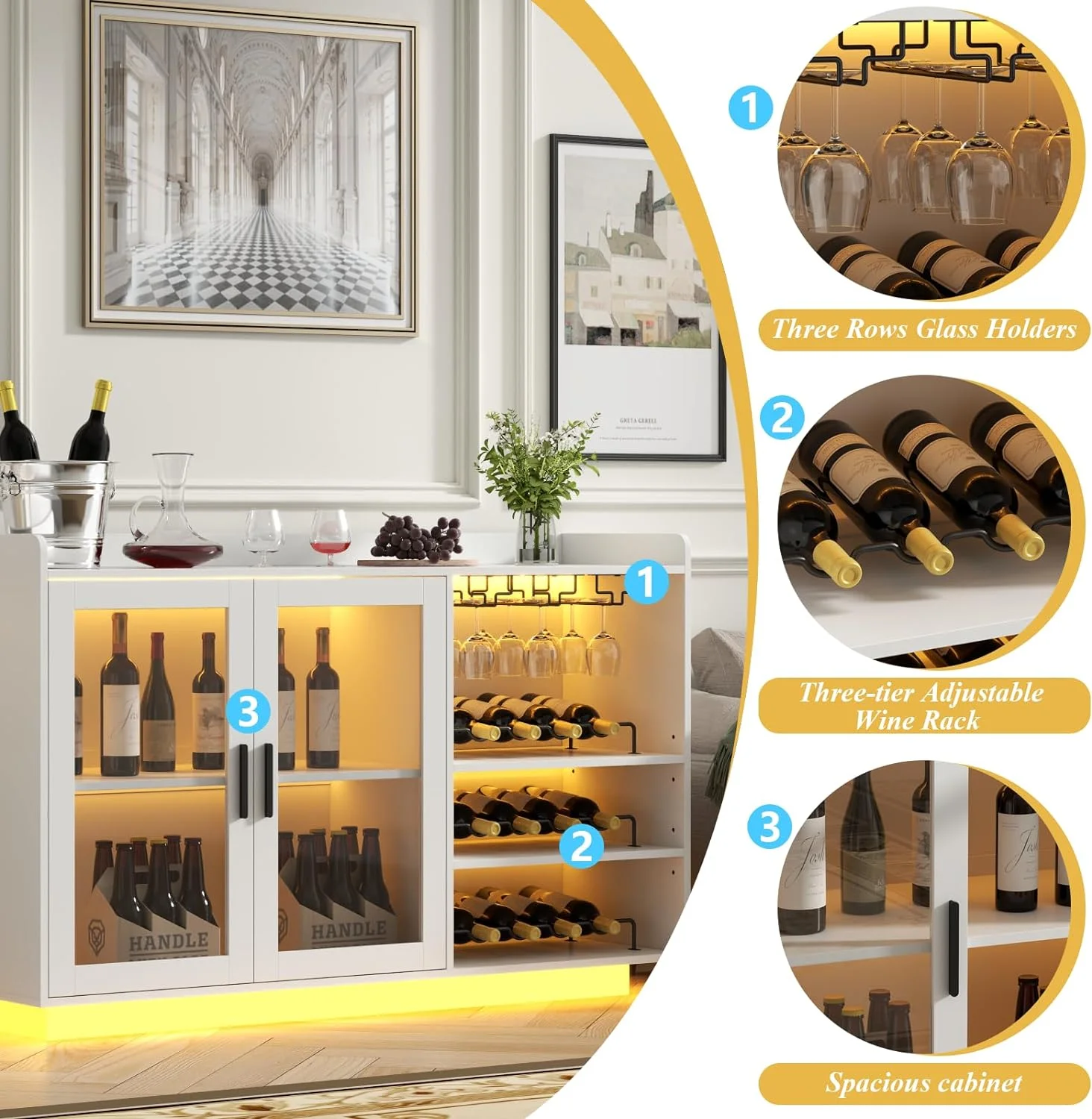 Wine Bar Cabinet with LED Lights, Floating Coffee Bar with Glass Rack and Removable Wine Racks, Modern Buffet Sideboard with Storage Shelves, Kithchen Bar with Glass Cabinet Doors - Image 11