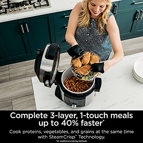 OL701 14 in 1 SMART XL 8 Qt. Pressure Cooker Steam Fryer with SmartLid & Thermometer Auto Steam Release, that Air Fries, Proofs & More, 3 Layer Capacity, 5 Qt. Crisp Basket, Silver/Black