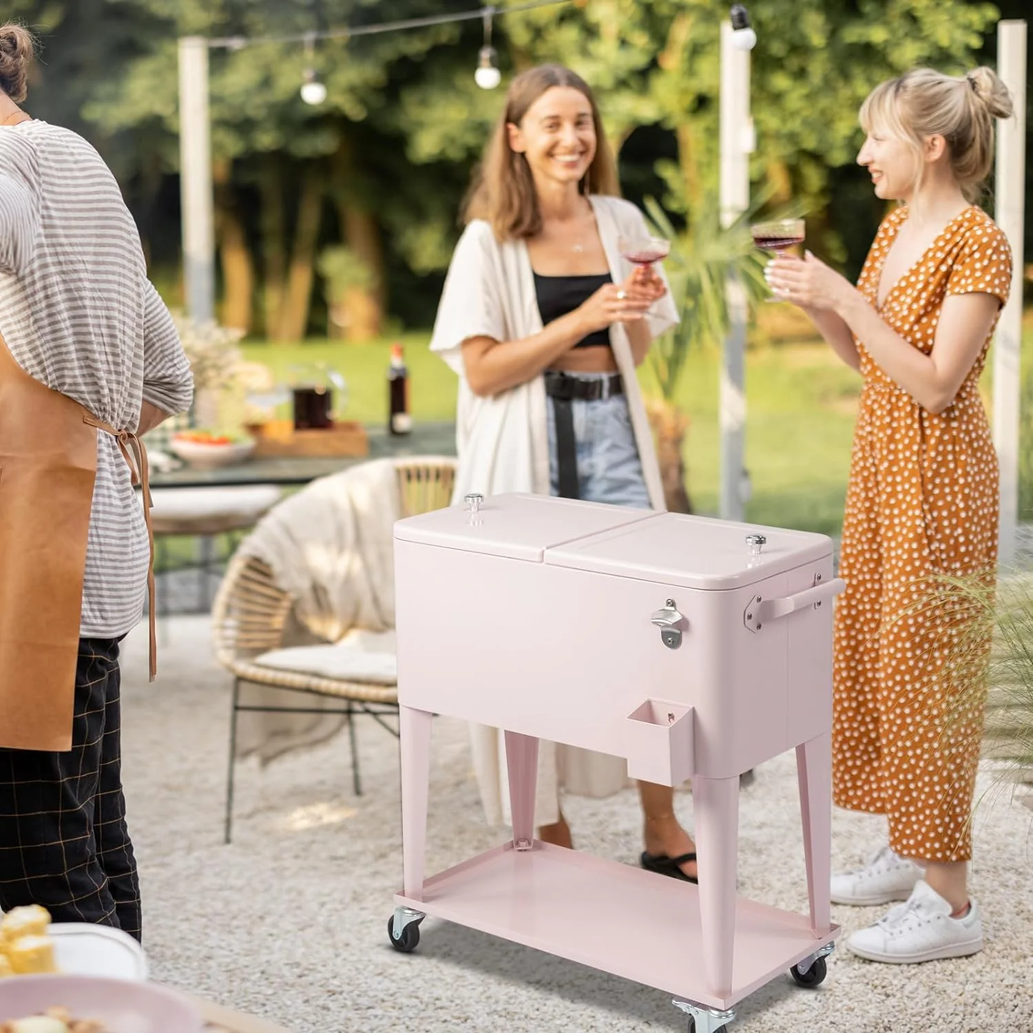 80 Quart Rolling Ice Chest, Portable Bar Drink Cooler with Catch Basin, Bottom Storage Tray and Bottle Opener for Patio Party BBQ Beach Activities - Image 8