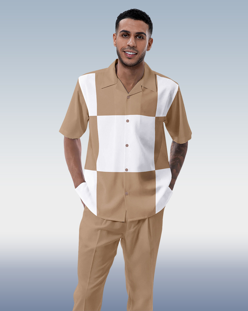 Khaki Block Walking Suit 2-Piece Short Sleeve Suit
