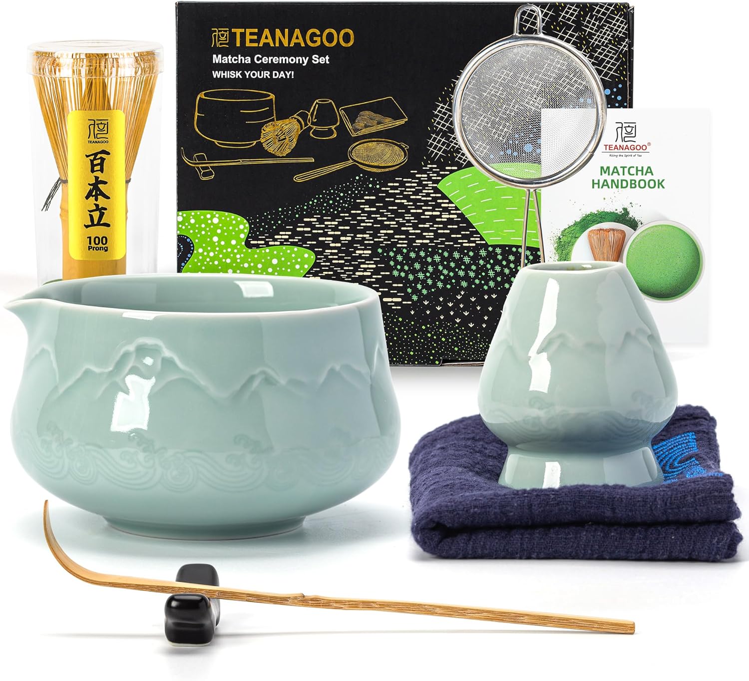 TEANAGOO 7 Pcs Matcha Whisk Set, Pink Matcha Set, Ceremony Matcha Powder Kit,Matcha Tea Set for Making Latte,Matcha Whisk Set and Bowl with Scoop&Sifter,Fuji Design Ceramic Bowl,Gift for Matcha Lovers