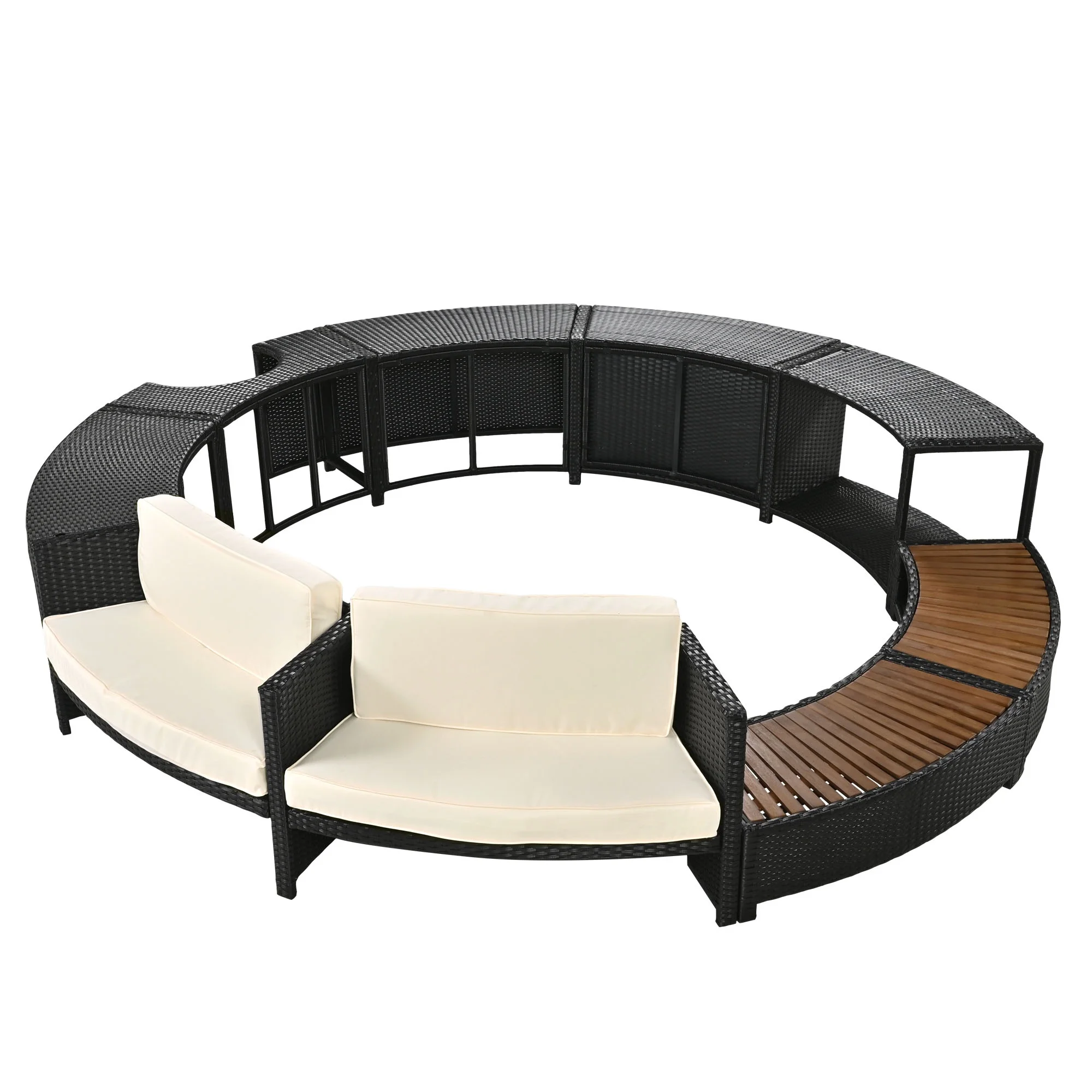 Round Hot Tub Surround Furniture, Spa Surround Outdoor Rattan Sectional Sofa Set with Mini Sofa, Solid Acacia Wood Hot Tub Storage Surround Patio Furniture Set, Gray Cushion - Image 29