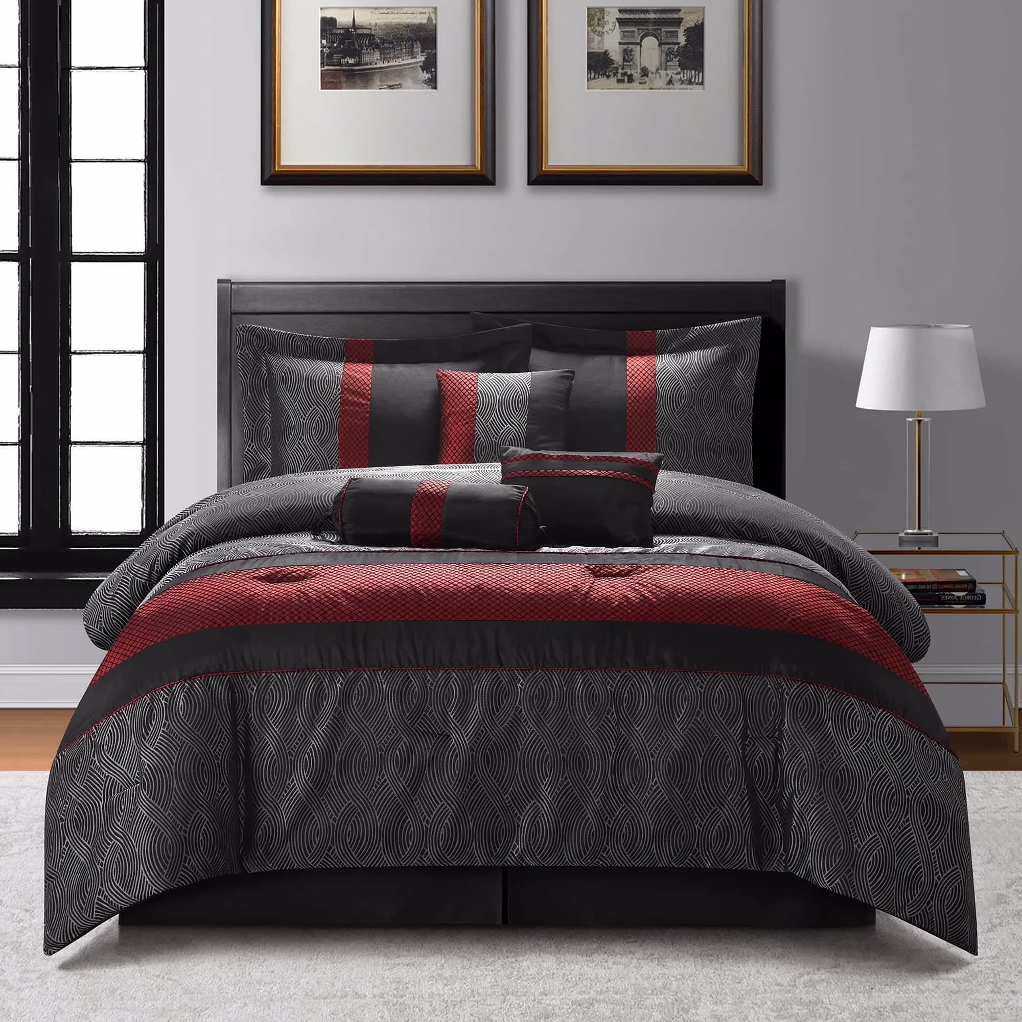 Nanshing Corell 7 Piece Contemporary Comforter Set, Black/Red, California King(Queen/Grey)
