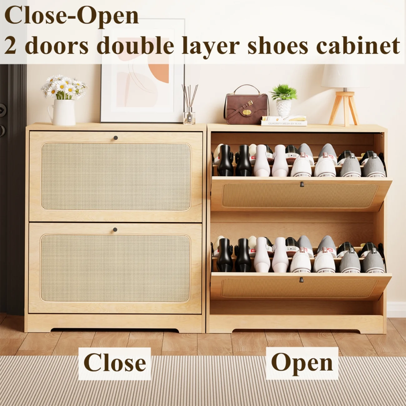 Hommpa Rattan Shoe Cabinet with 2 Flip Drawers & Adjustable Shelves 5 Tier Freestanding Tipping Bucket Shoes Storage Closet for 16 Pairs Narrow Console Table Modern Boho Entryway Shoe Rack Organizer - Image 2