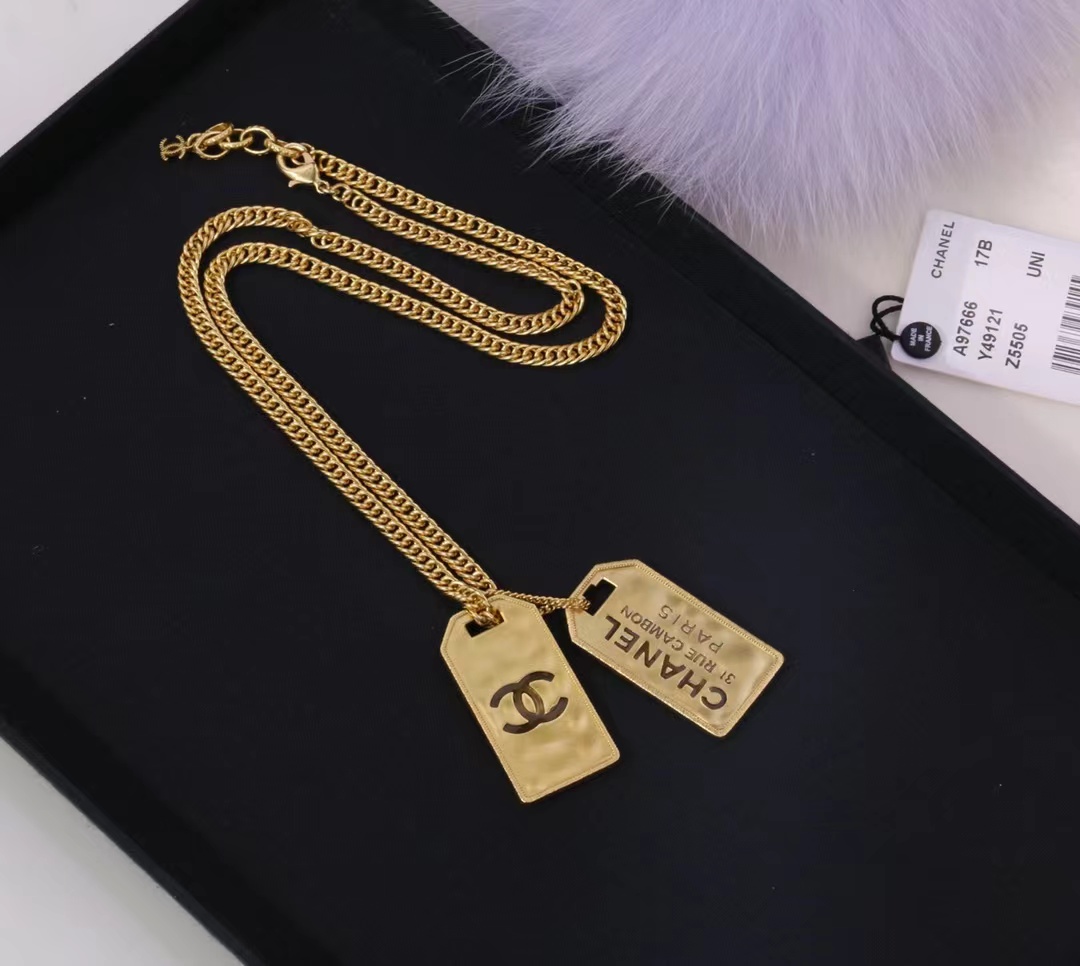 Chanel Unisex Thick Cuban Chain Rectangle Tag Pendant Necklace - Original Replica Club