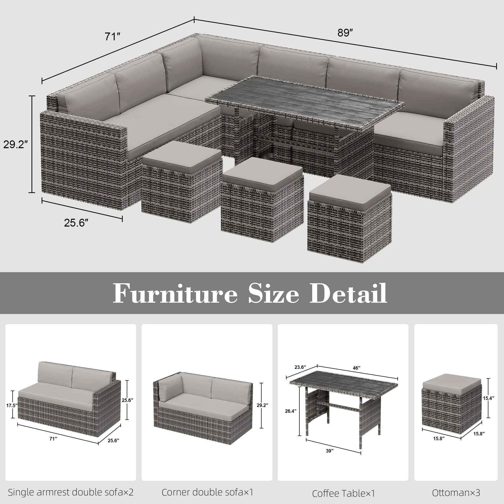 Bifanuo 7 Piece Patio Furniture Set, Outdoor Furniture Patio Sectional Sofa, All Weather PE Rattan Outdoor Sectional with Beige Cushions and Table, Black Wicker - Image 22