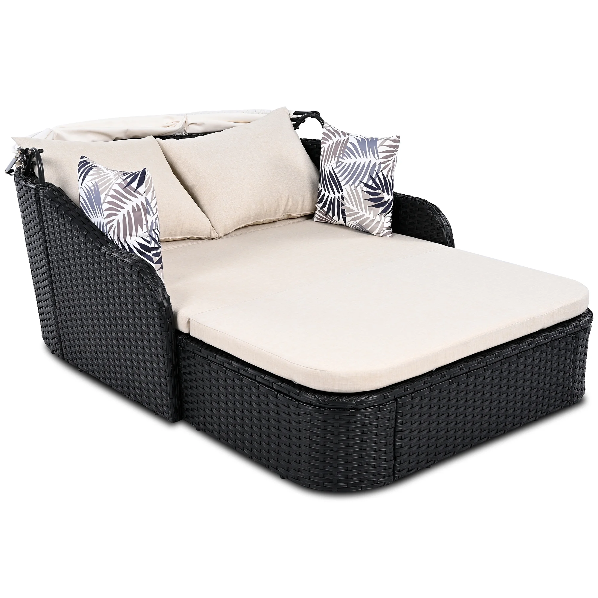 Harper & Bright Designs Rattan Outdoor Double Lounge Chaise 2-Person PE Wicker Outdoor Patio Sunbed with Canopy Cover for Backyard Garden Balcony, Beige+Black - Image 16