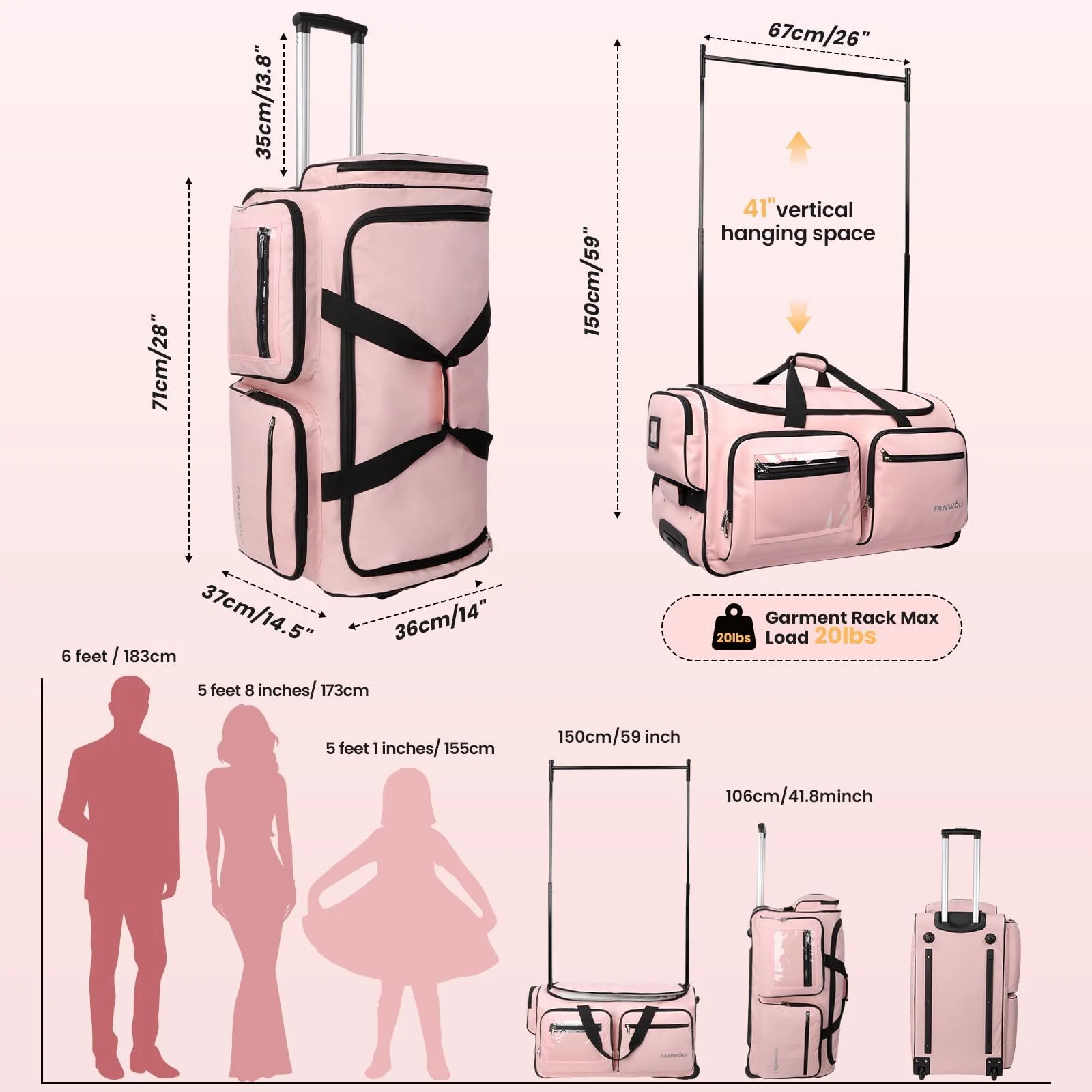 Fegat Dance Bag with Garment Rack - 28"Collapsible Rolling Competition Dance Duffle Bag Lightweight Costume Wheeled Suitcase for Dancers Shows Livestreamer Athletes - Image 8