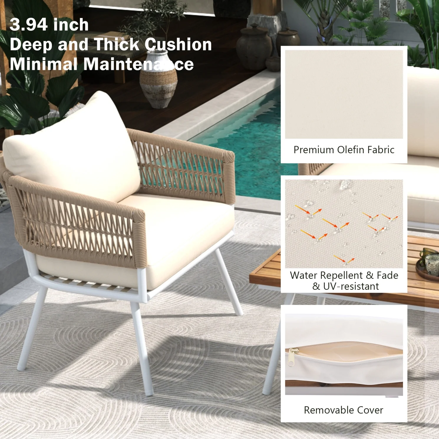 4-Piece Rope Patio Furniture Set with Ajustable Feet, Boho Rope Outdoor Conversation Set with Wood Table, Sofa Seating Set with Thick Cushion for Backyard Lawn Garden, Beige - Image 4