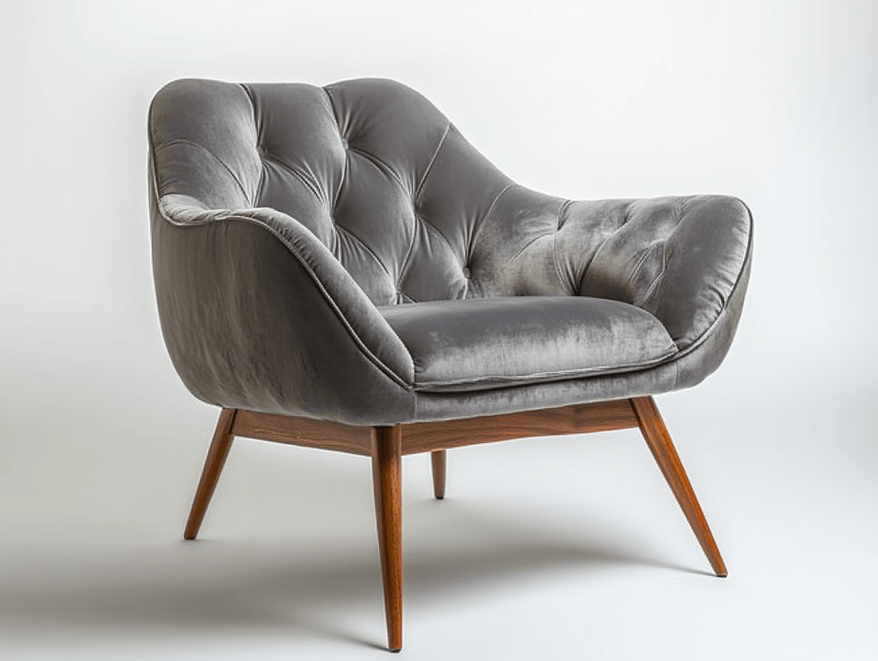 Sillón 78×75×85 cm – terciopelo gris con patas de madera inclinadas – respaldo capitoné estilo mid-century moderno