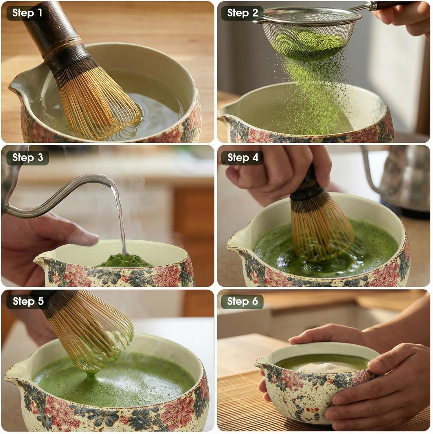 Matcha Whisk Set, 7-Piece Matcha Kit with Ceramic Bowl, Bamboo Whisk, Scoop, Sifter, Holder & Bamboo Mat – Premium Matcha Tea Set for Beginners & Matcha Lovers, Gift Ready