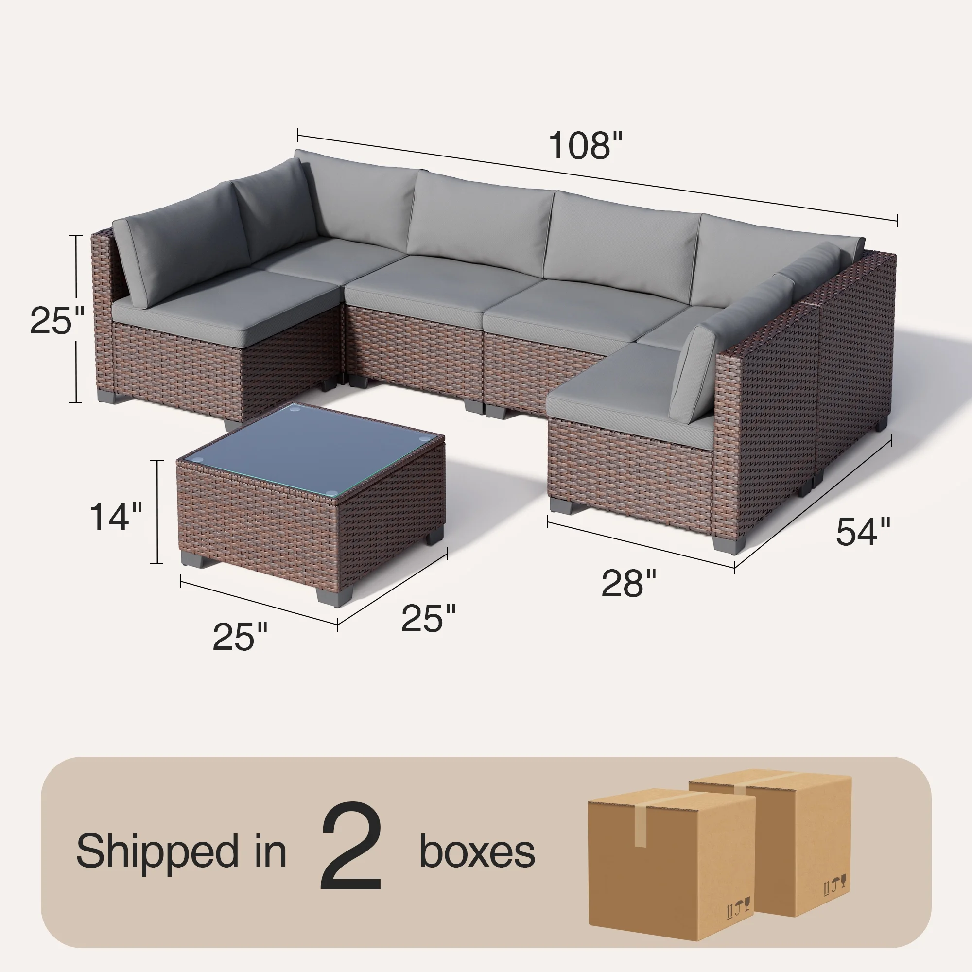 Aiho 7-Piece Rattan Patio Furniture Set , Outdoor Sectional Furniture Set for Patio, Garden, Backyard, Grey - Image 4