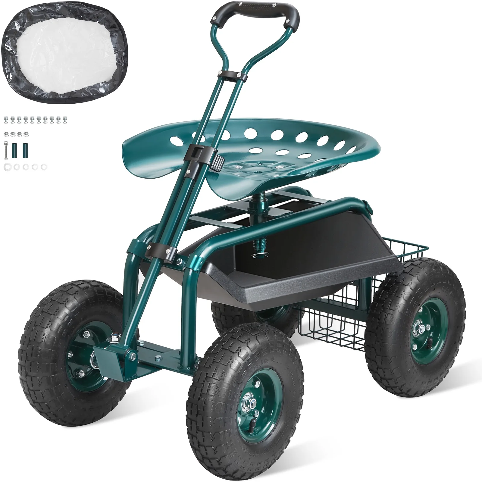 KFFKFF Garden Cart Rolling Workseat with Wheels, Gardening Stool for Planting, 360 Degree Swivel Seat, Wagon Scooter with Steering Handle & Utility Tool Tray, Use for Patio, Yard, and Outdoors - Image 9
