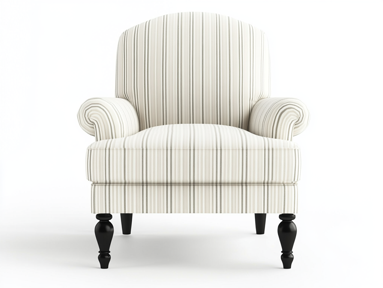 Sillón tapizado a rayas 80×85×95 cm – blanco/beige – con brazos enrollados y patas torneadas negras