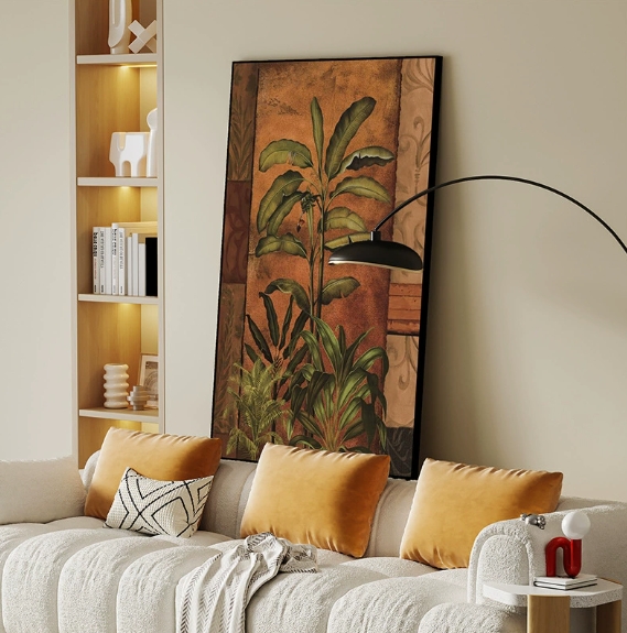 50x70cm Framed American Retro Wall Art, Tropical Rainforest Botanical Crystal Porcelain Painting with Aluminum Alloy & PS Frame, Nanyang Style Canvas Print for Living Room