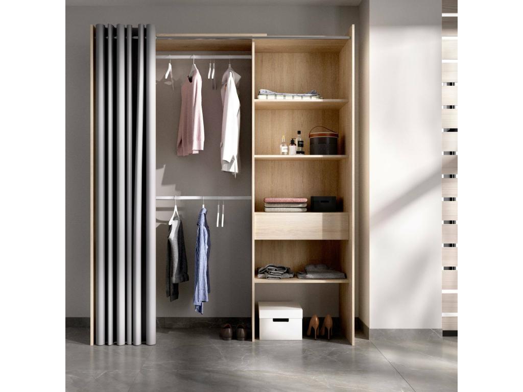 Armario Abodeia - Estructura para vestidor con cortina - Perchero abierto - 160x50h205 cm - Roble