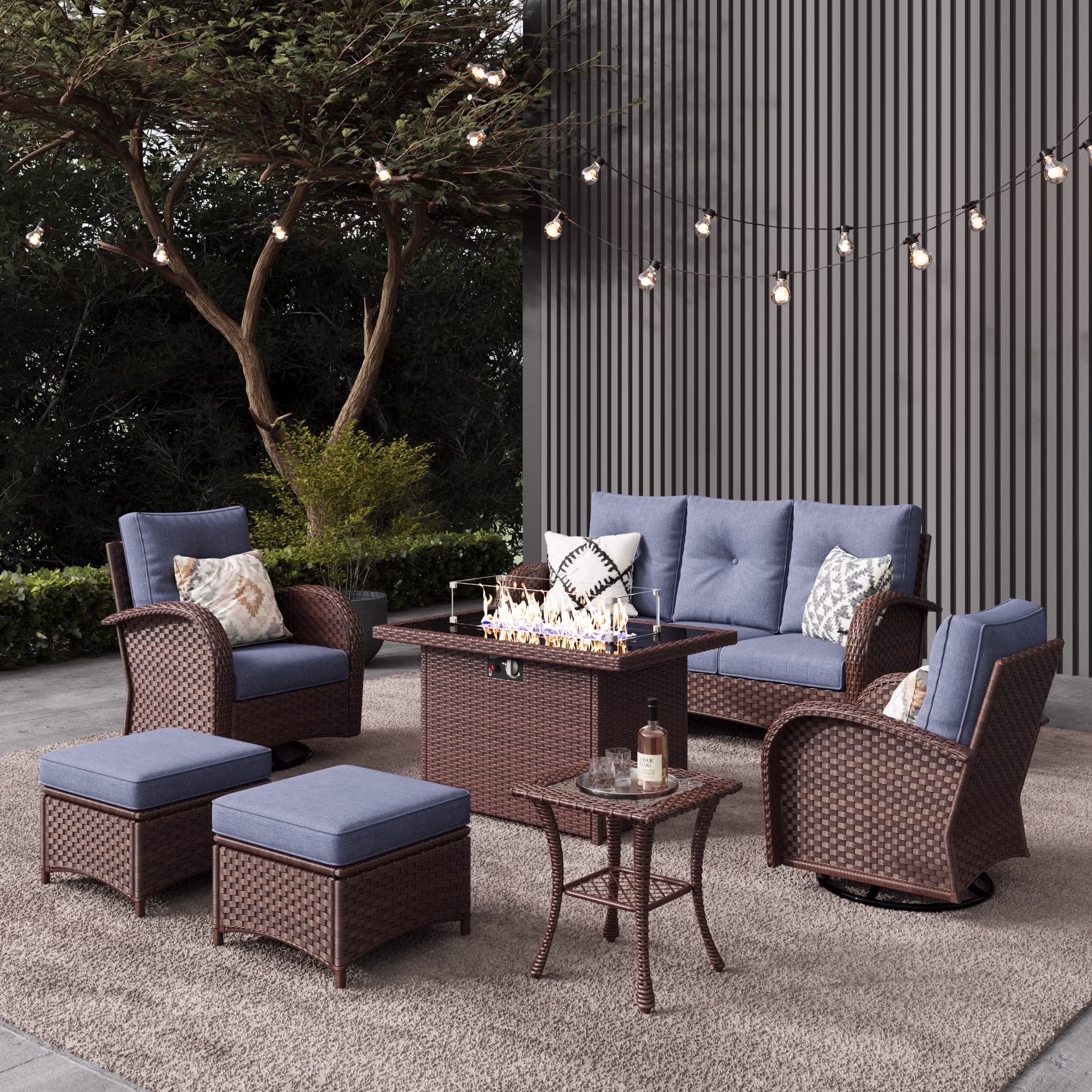 Layinsun 7 Pieces Outdoor Patio Furniture Set with Fire Pit Table, Rattan Wicker Sectional Swivel Rocker Chairs Sets(6 PCS-Swivel Chair+Sofa+Ottoman+Table/Black /Navy Blue)