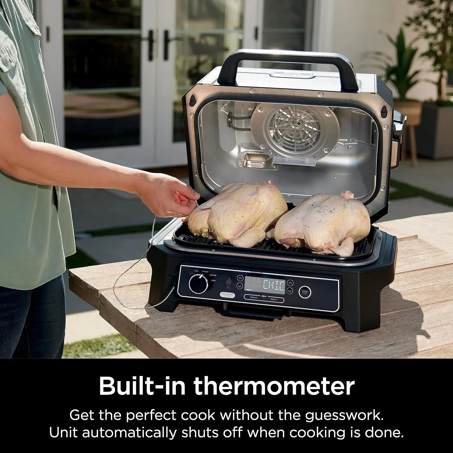 7-in-1 Grill & Smoker with Thermometer, Air Fryer, BBQ, Bake, Roast, Broil - Portable Electric Outdoor Grill, Grey