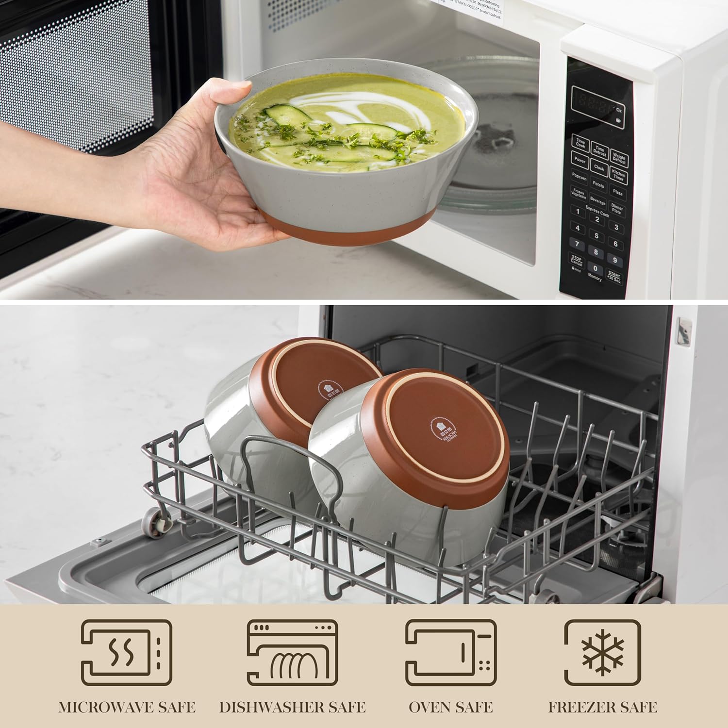 MALACASA Soup Bowls, Ceramic Salad Bowls Set of 4, 36oz Ceramic Bowls for Ramen, Cereal, Fruit and Pho, Microwave & Dishwasher Safe, Speckled Deep Bowls, Grey & Brown