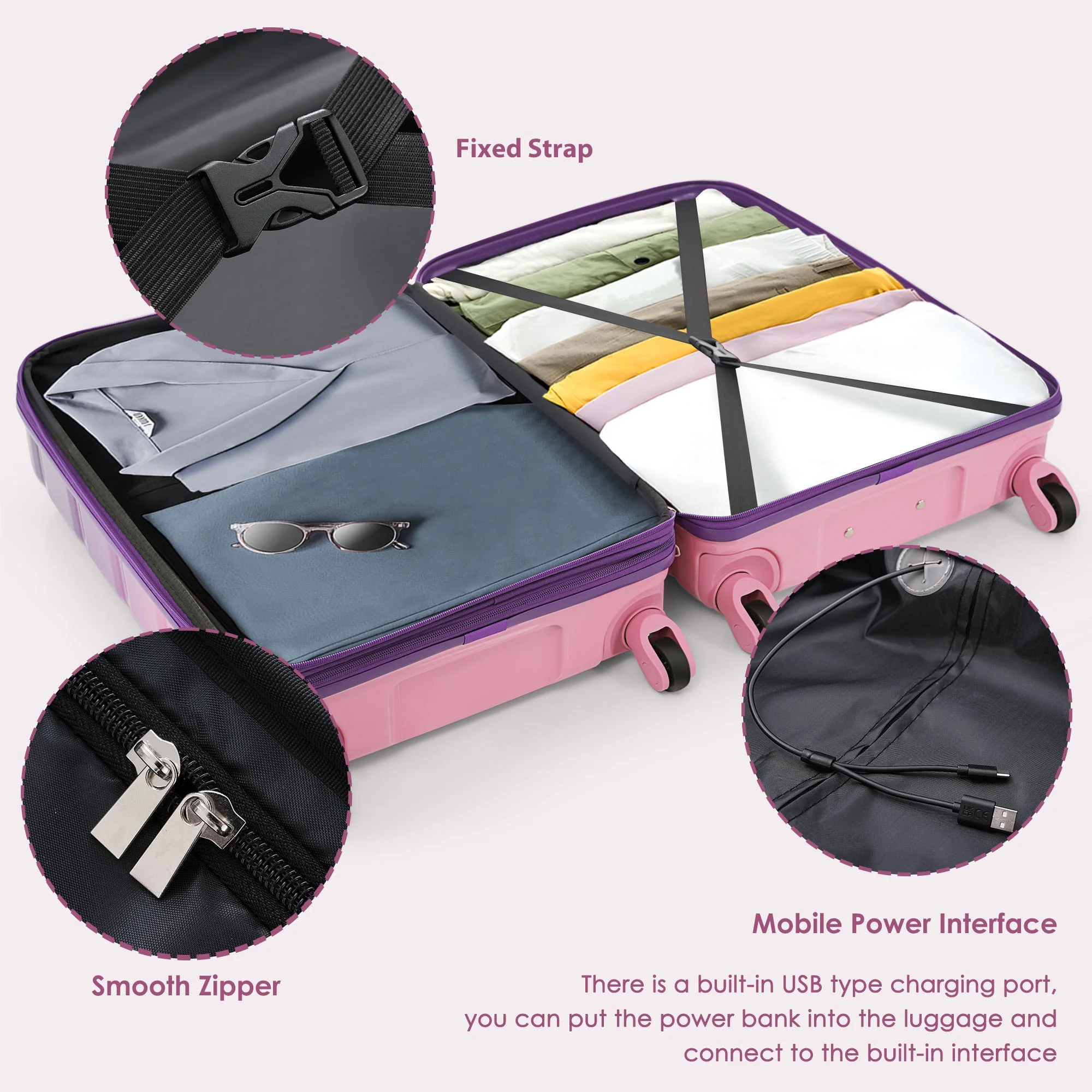 PAPROOS 3-Piece Luggage Set (20''/24''/28''), Hardshell Lightweight Suitcase with USB Port and Side Hooks, Travel Luggage with TSA-Lock, Hardside Rolling Luggage for School, Travel, Pink - Image 37