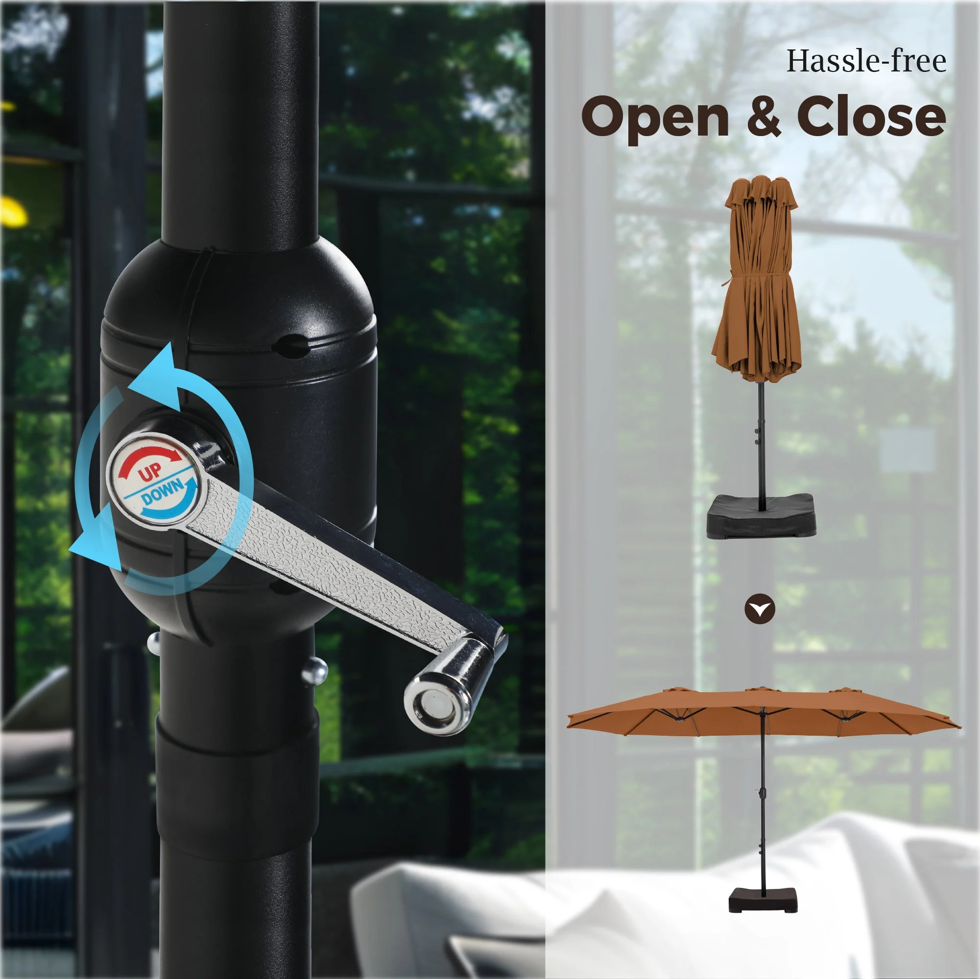 Alpha Joy 15ft Outdoor Patio Umbrella Extra-Large Double-Sided Garden Umbrella with Crank Handle and Base - Smoky Gray - Image 44