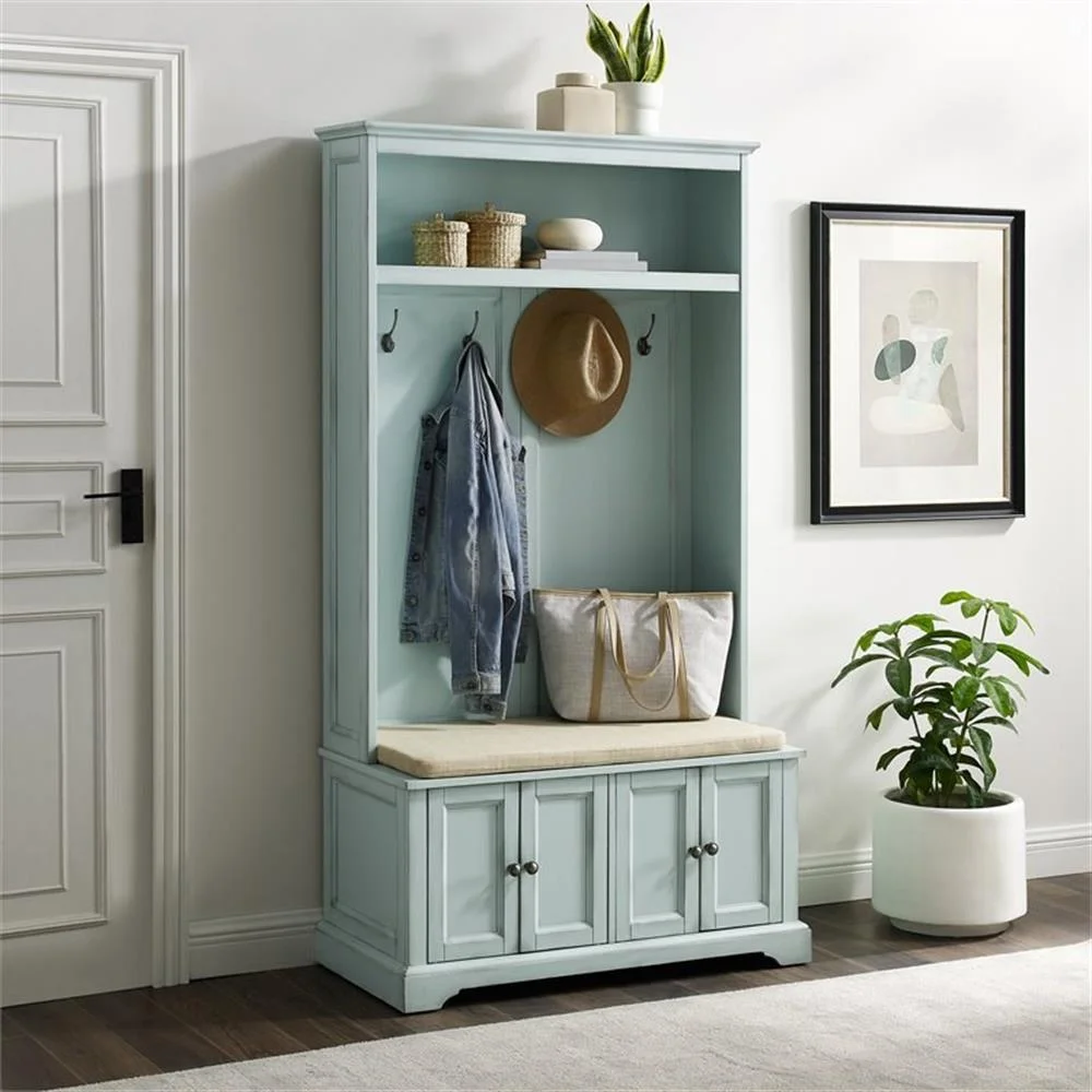 Bowery Hill Traditional Wood Hall Tree in Seafoam Blue/Oatmeal - Image 2