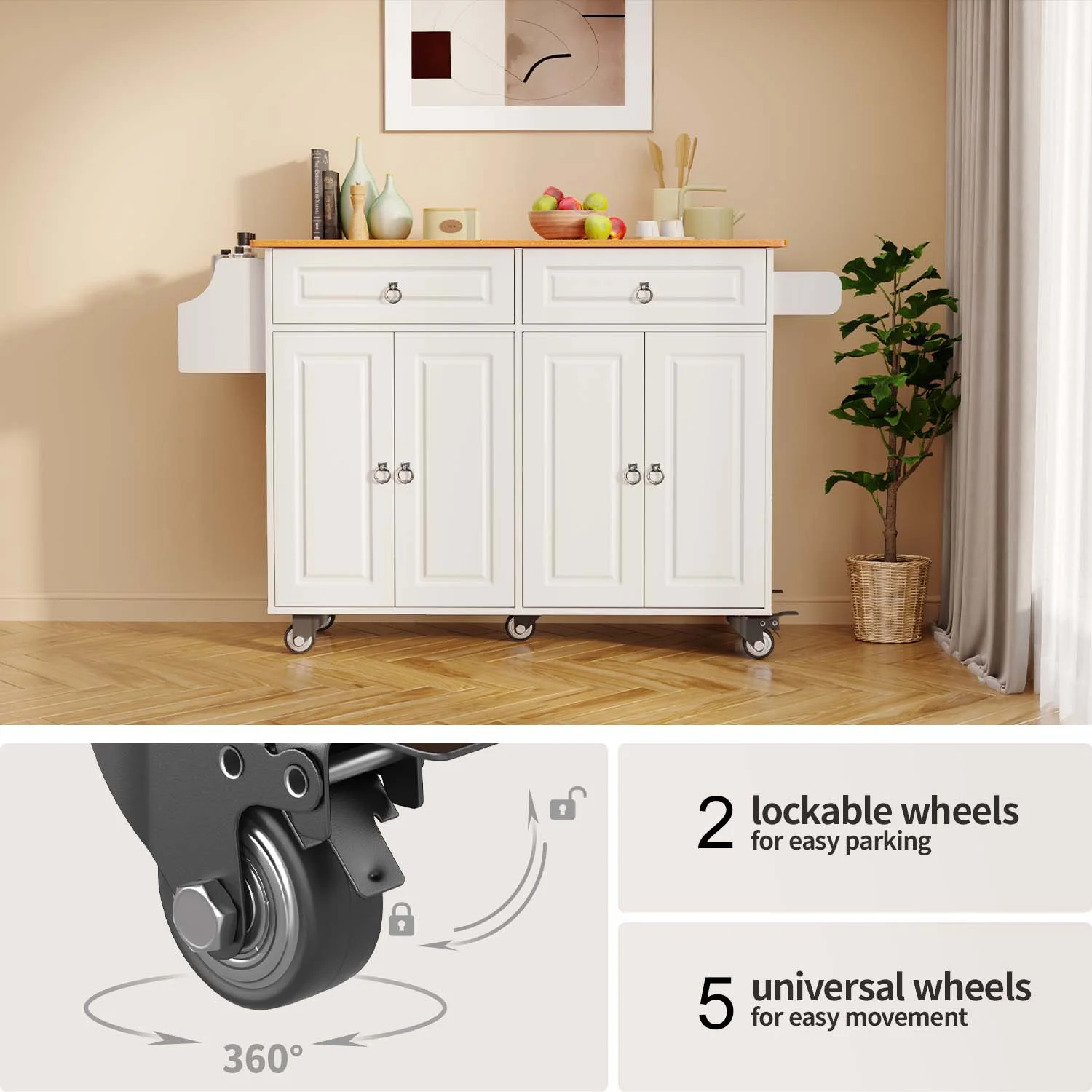 Lofka 52-Inch Kitchen Island with Storage on Wheels with Wood Drop Leaf, Ideal for Small Kitchens - Image 9