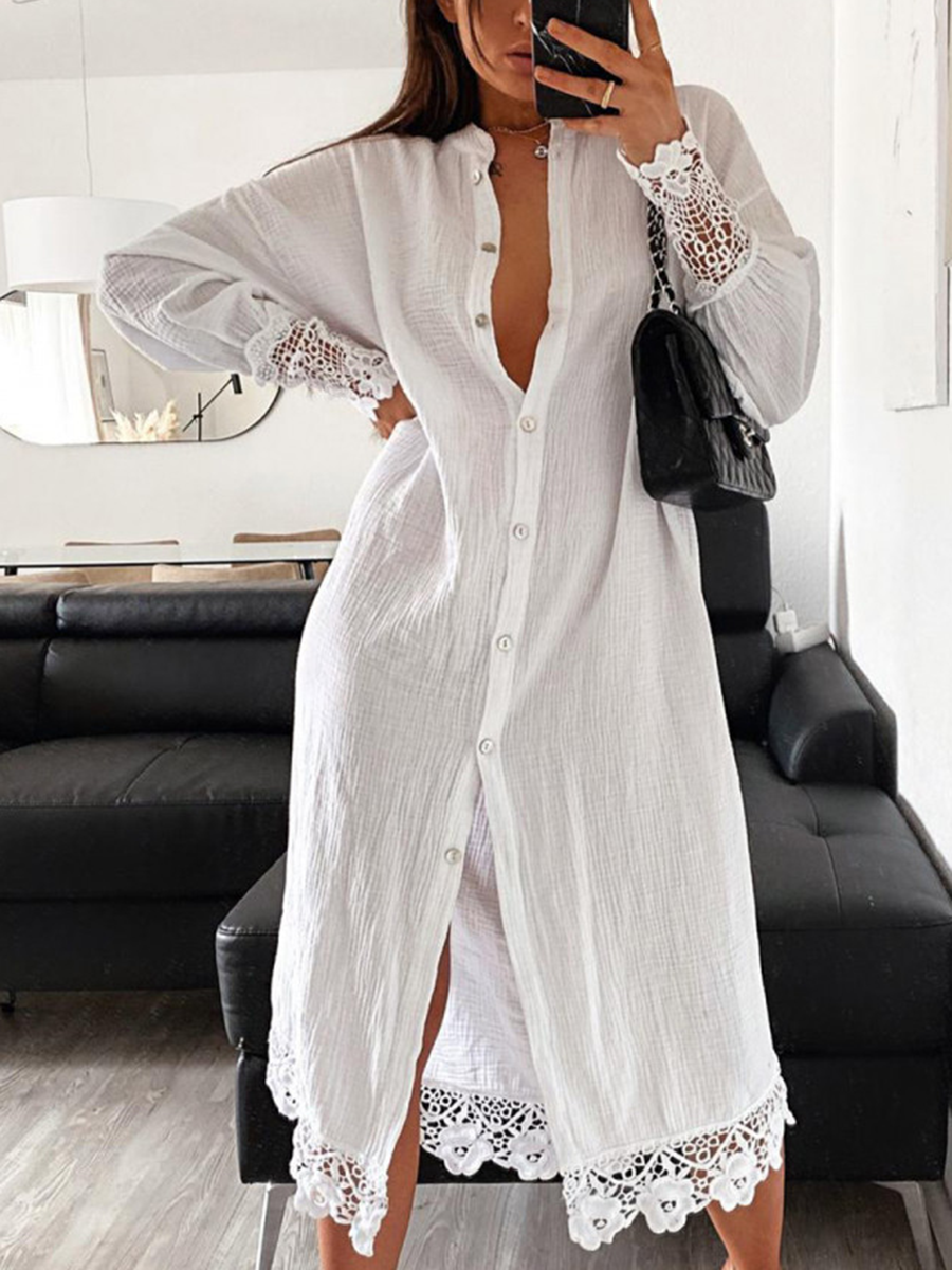 Ladies Loose Solid Color Stitching Lace Shirt Dress