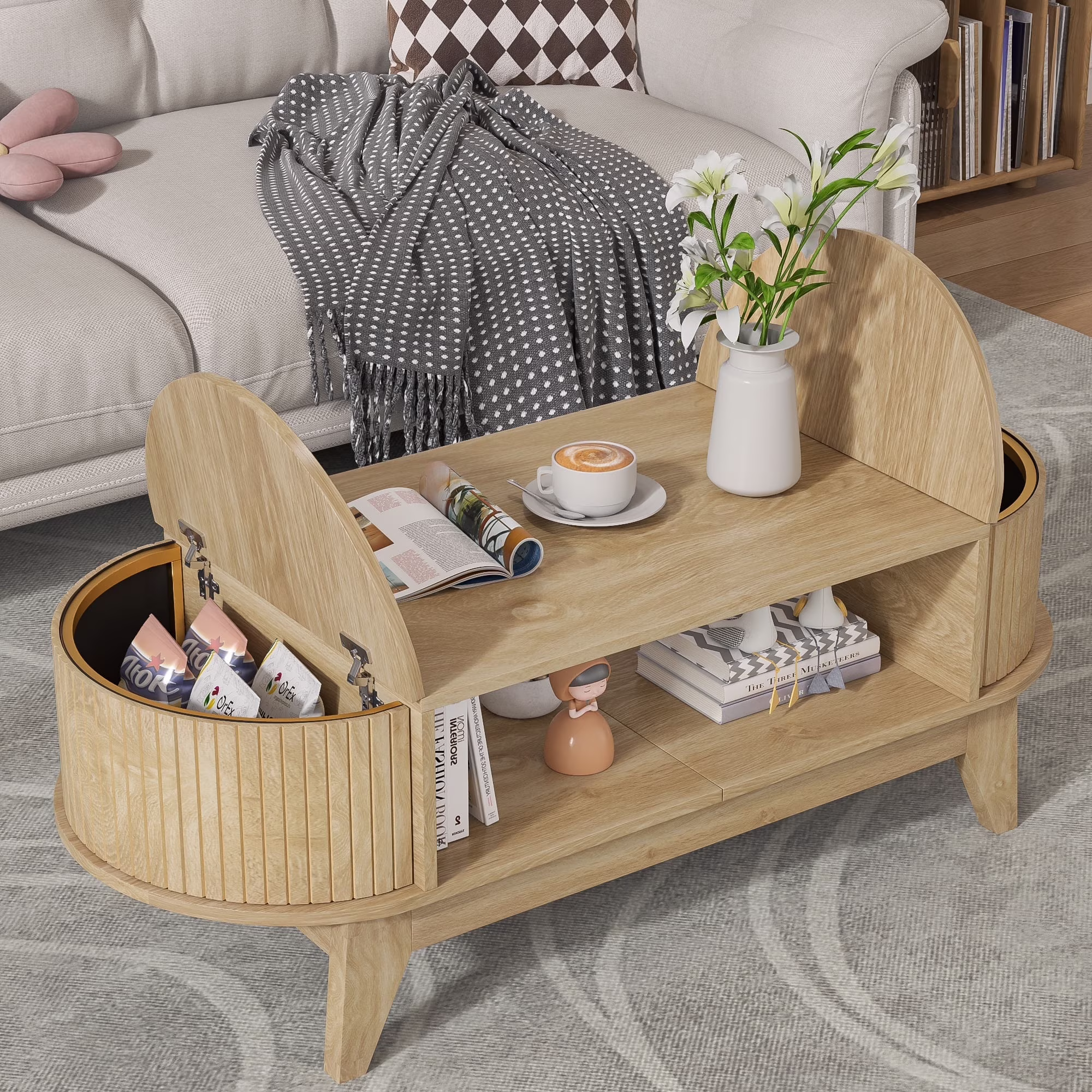 Fluted Coffee Table with Storage, Modern Coffee Tables, Wood Accent Center Table(Walnut)