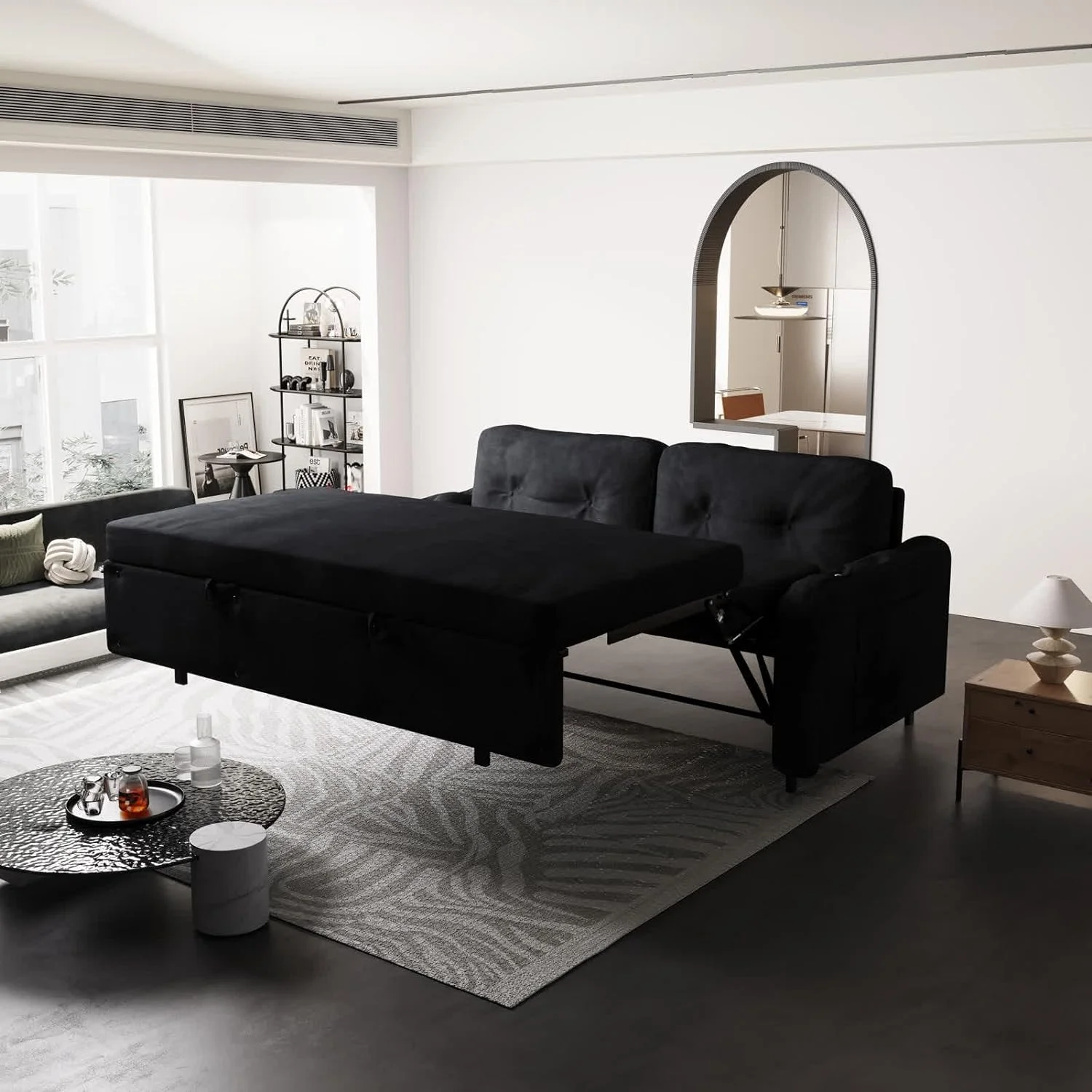 Tabaray 63.8" Futon Sofa Bed Queen Size, Pull Out Bed, 3-in-1 Convertible Sleeper Sofa with Side Pocket, Modern Plush Velvet Futon Couch for Living Room, Small Space, Apartment, Bedroom, Black - Image 67
